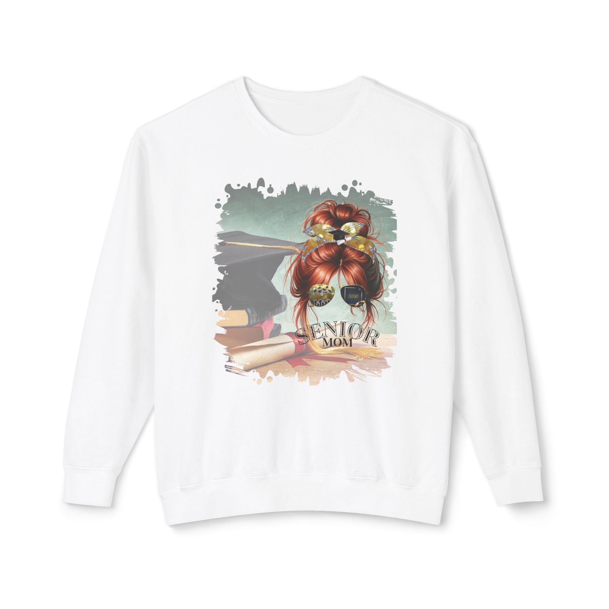 Senior Mom, Cap & Degree/Diploma, Red Hair Messy Bun, Unisex Lightweight Crewneck Sweatshirt