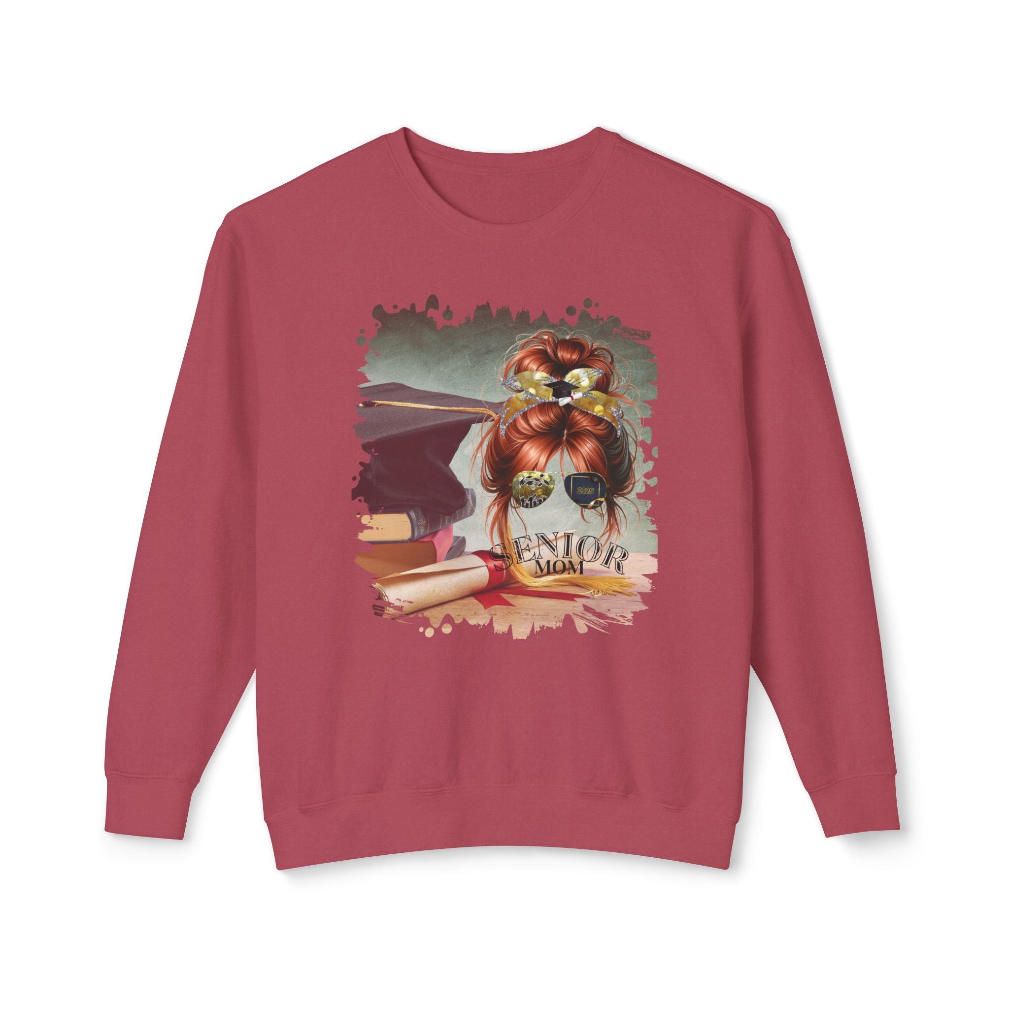 Senior Mom, Cap & Degree/Diploma, Red Hair Messy Bun, Unisex Lightweight Crewneck Sweatshirt