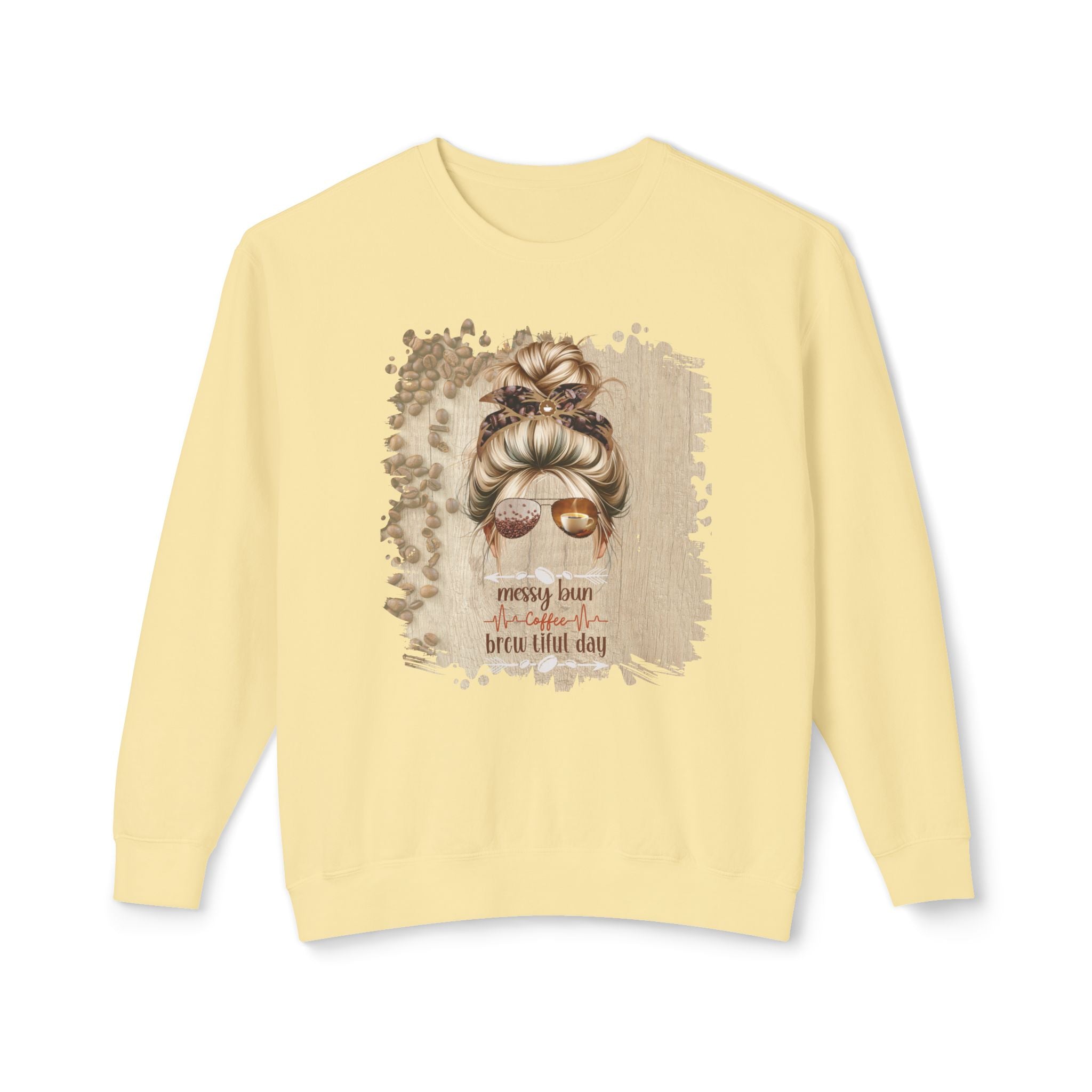 Coffee Heartbeat, Coffee Beans Table, Blond Hair Messy Bun, Unisex Lightweight Crewneck Sweatshirt