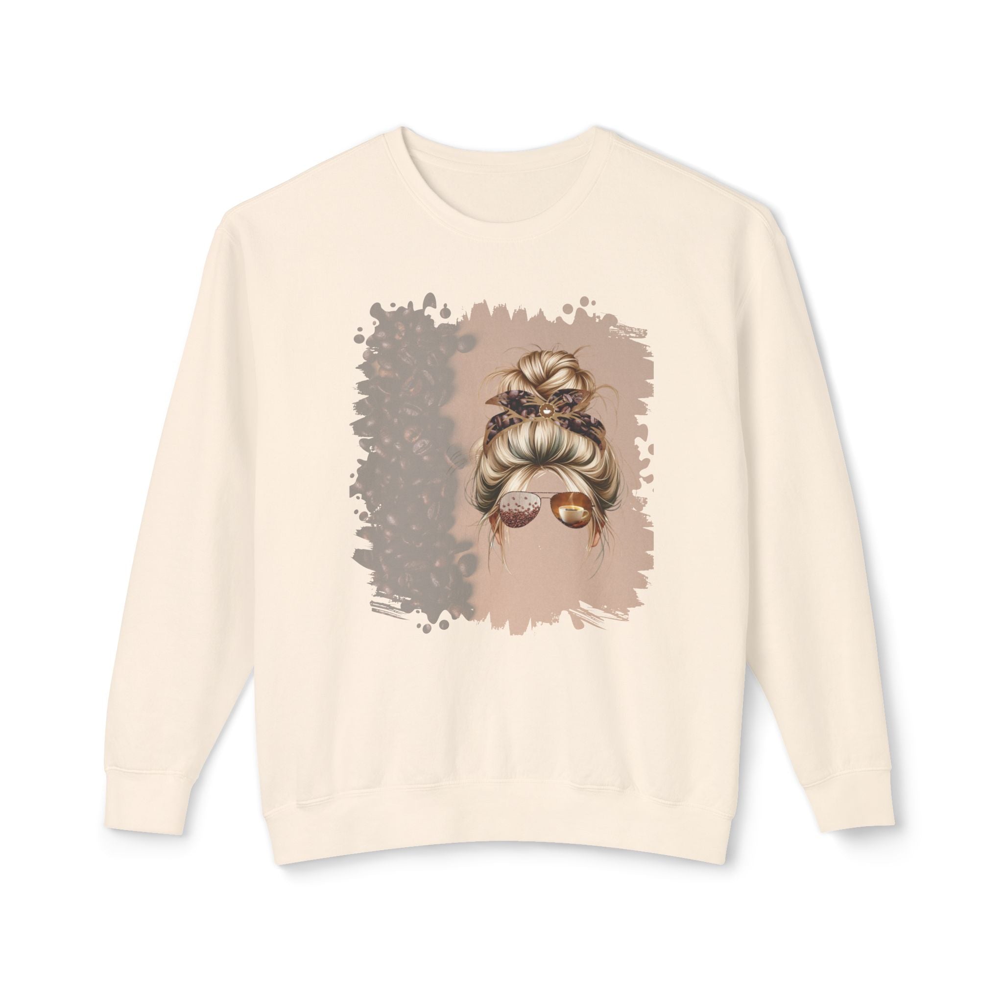 Coffee Beans Shade, Blond Hair Messy Bun, Unisex Lightweight Crewneck Sweatshirt