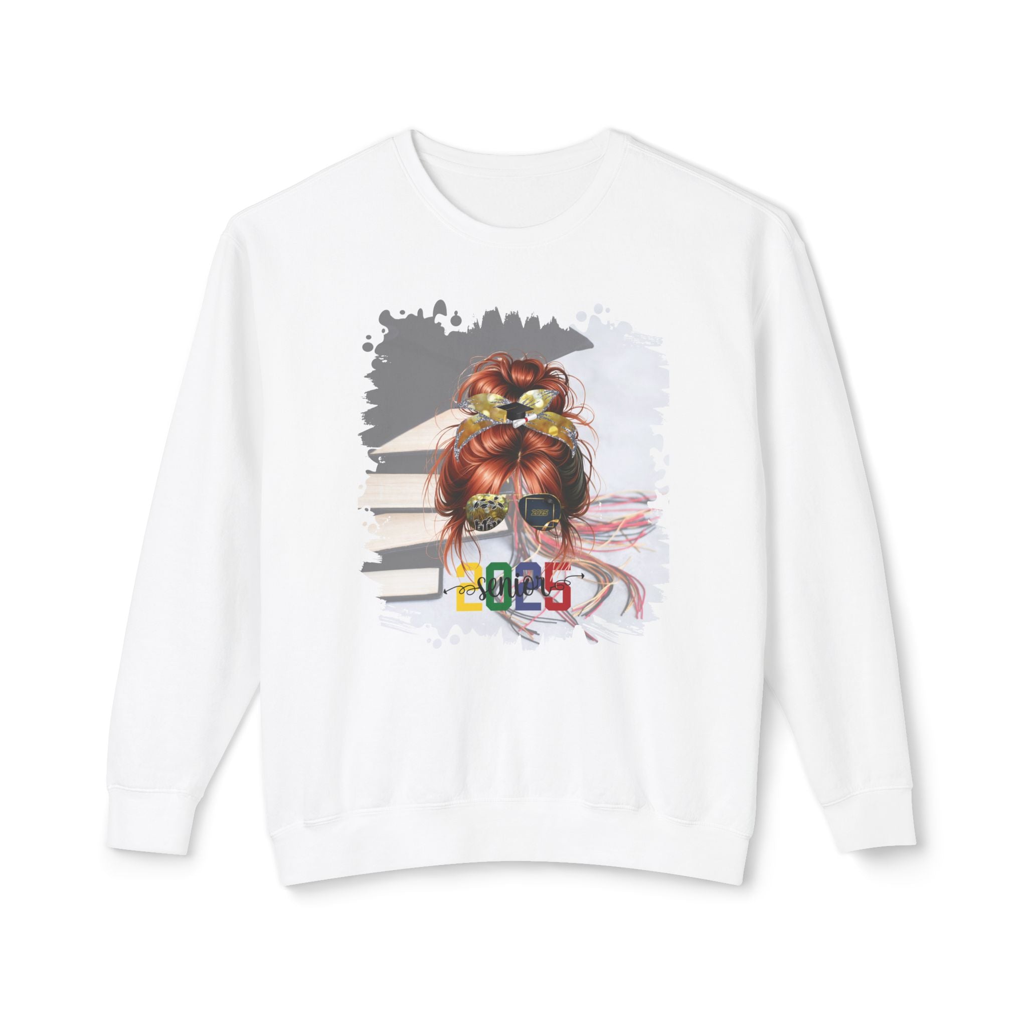 Senior 2025 Colorful, Cap & Books, Red Hair Messy Bun, Unisex Lightweight Crewneck Sweatshirt