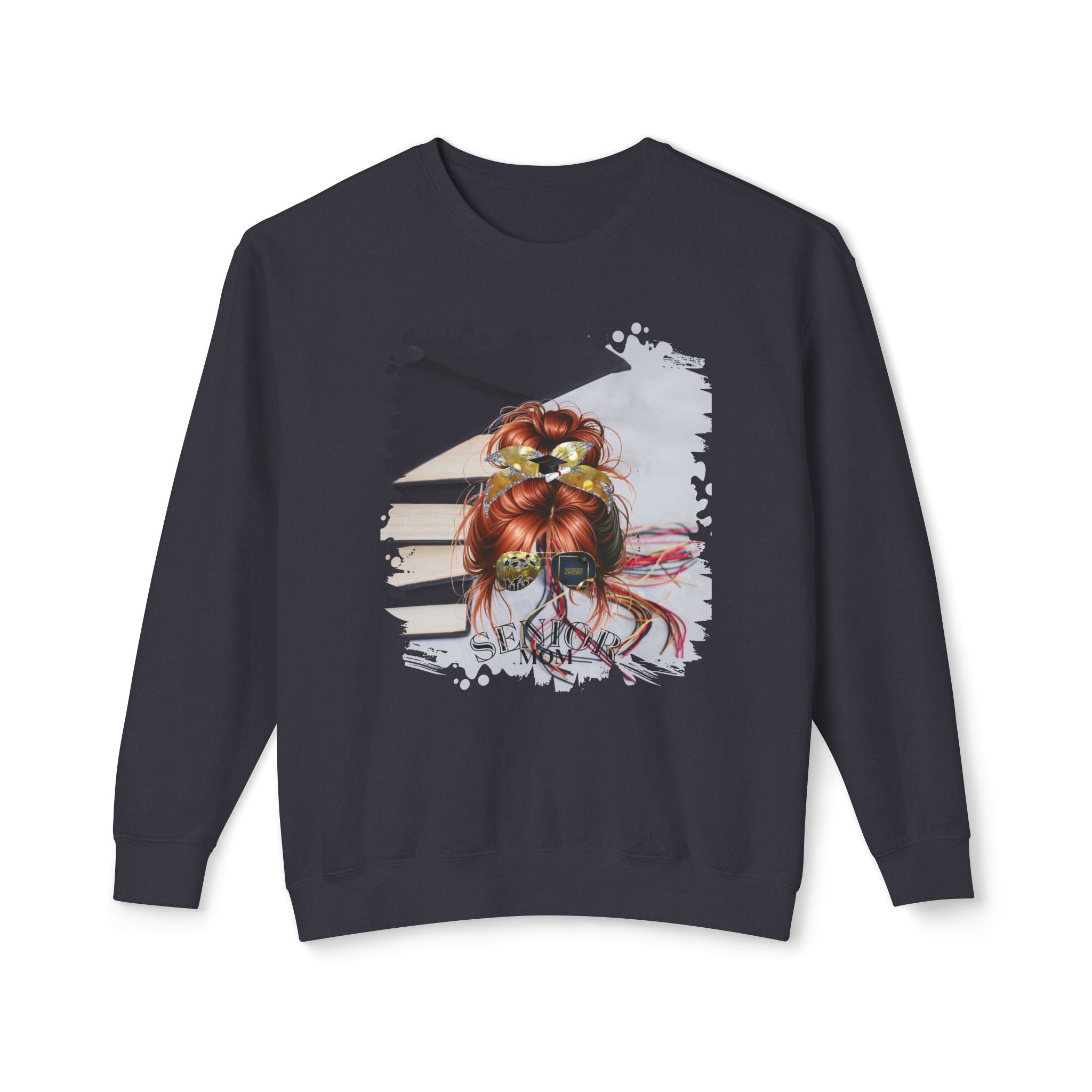 Senior Mom, Cap & Books, Red Hair Messy Bun, Unisex Lightweight Crewneck Sweatshirt