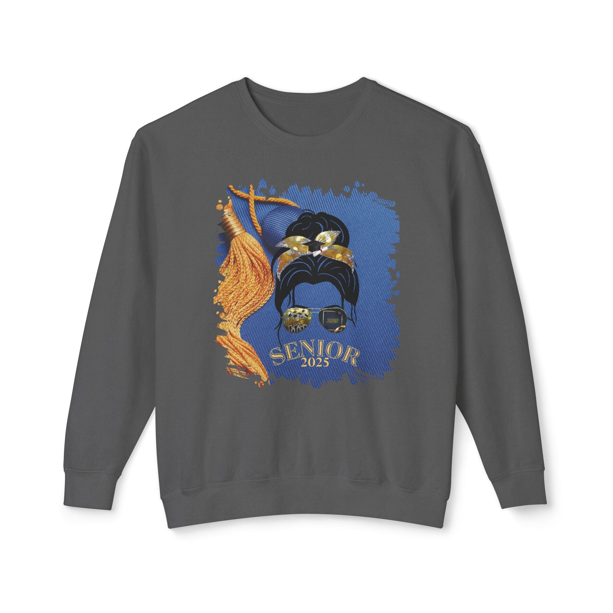 Senior 2025, Graduation Cap, Dark Hair Messy Bun, Unisex Lightweight Crewneck Sweatshirt