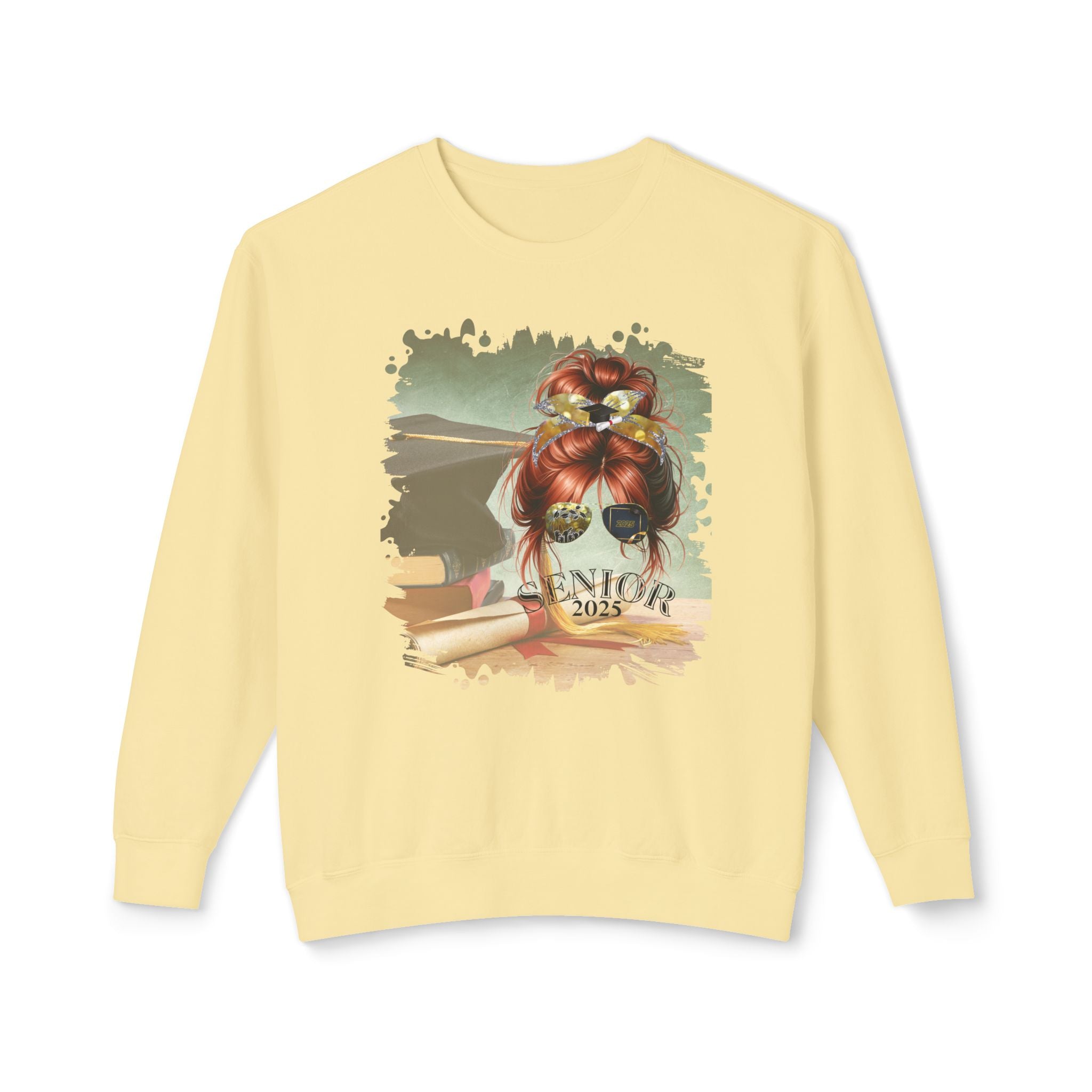 Senior 2025, Cap & Degree/Diploma, Red Hair Messy Bun, Unisex Lightweight Crewneck Sweatshirt