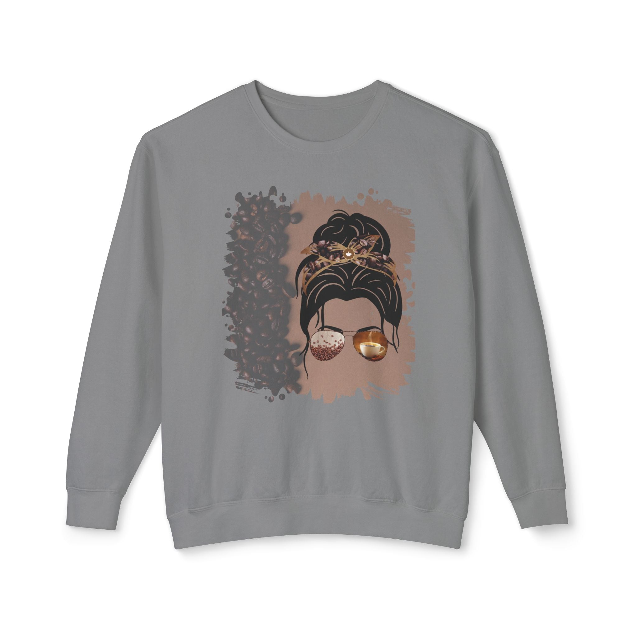 Coffee Beans Shade, Dark Hair Messy Bun, Unisex Lightweight Crewneck Sweatshirt