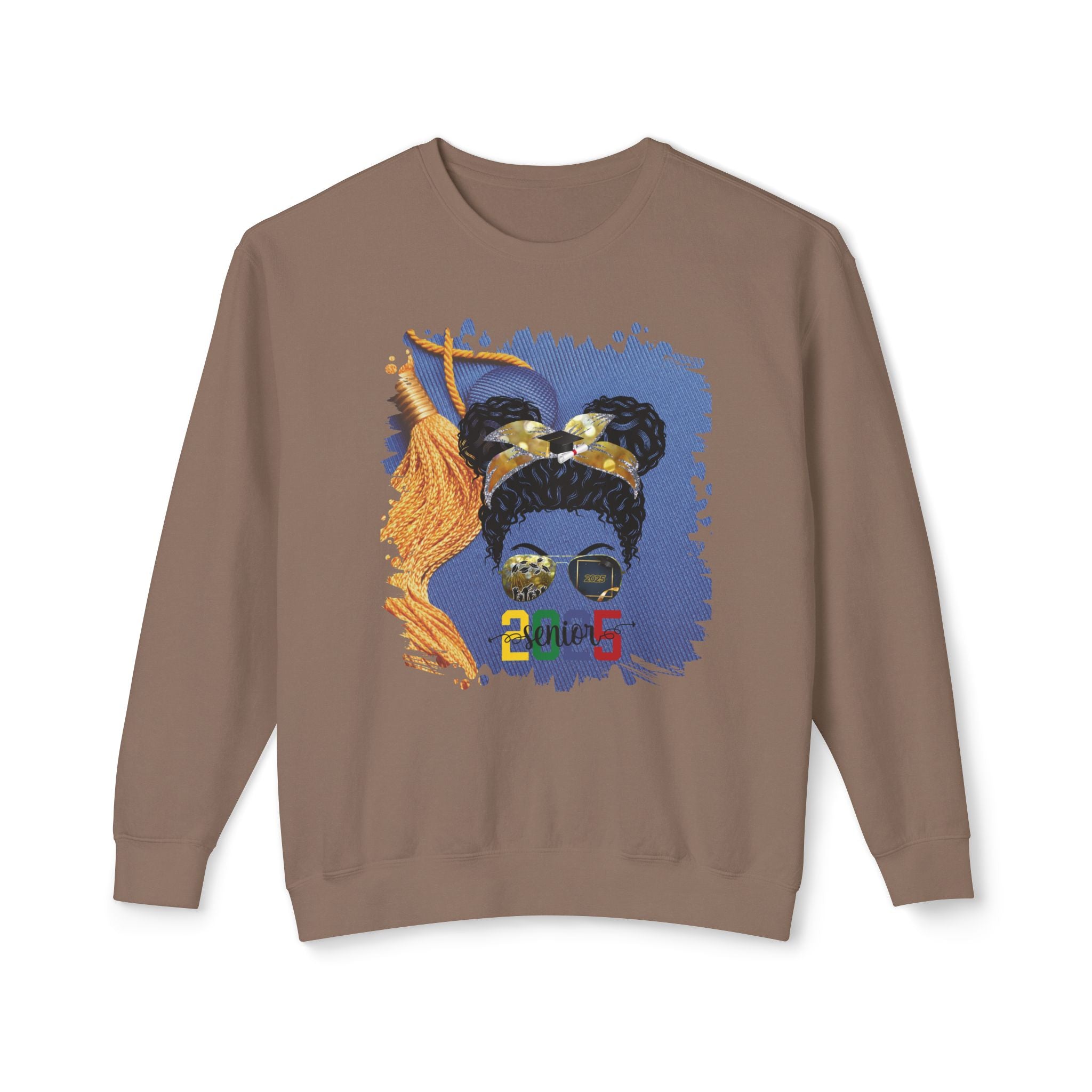 Senior 2025 Colorful, Graduation Cap, Black Hair Messy Bun, Unisex Lightweight Crewneck Sweatshirt