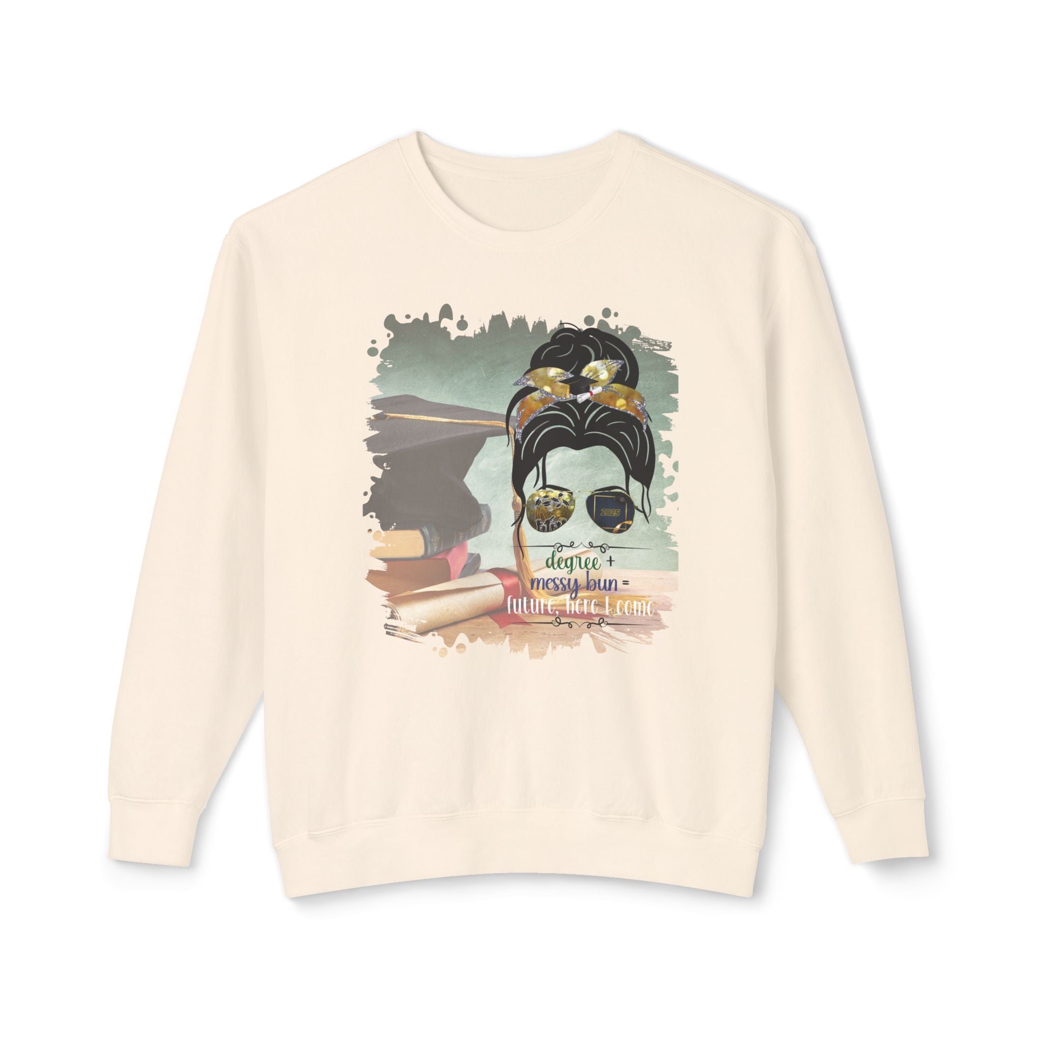 Degree + Messy Bun, Cap & Degree/Diploma, Dark Hair Messy Bun, Unisex Lightweight Crewneck Sweatshirt