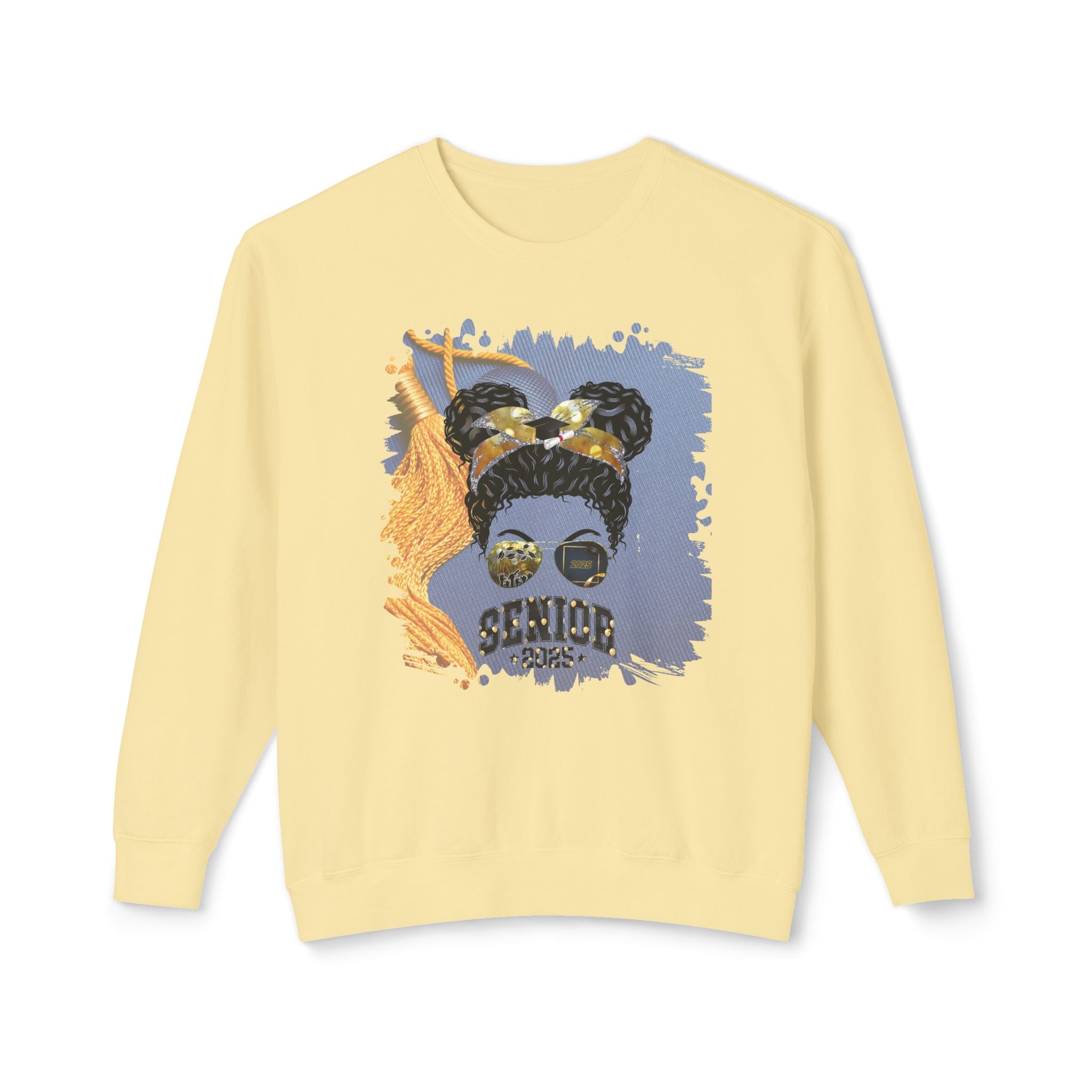 Senior 2025 Balloons, Graduation Cap, Black Hair Messy Bun, Unisex Lightweight Crewneck Sweatshirt