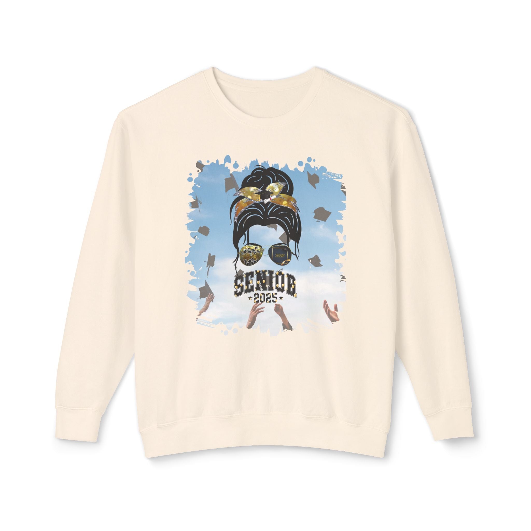 Senior 2025 Balloons, Celebration, Dark Hair Messy Bun, Unisex Lightweight Crewneck Sweatshirt