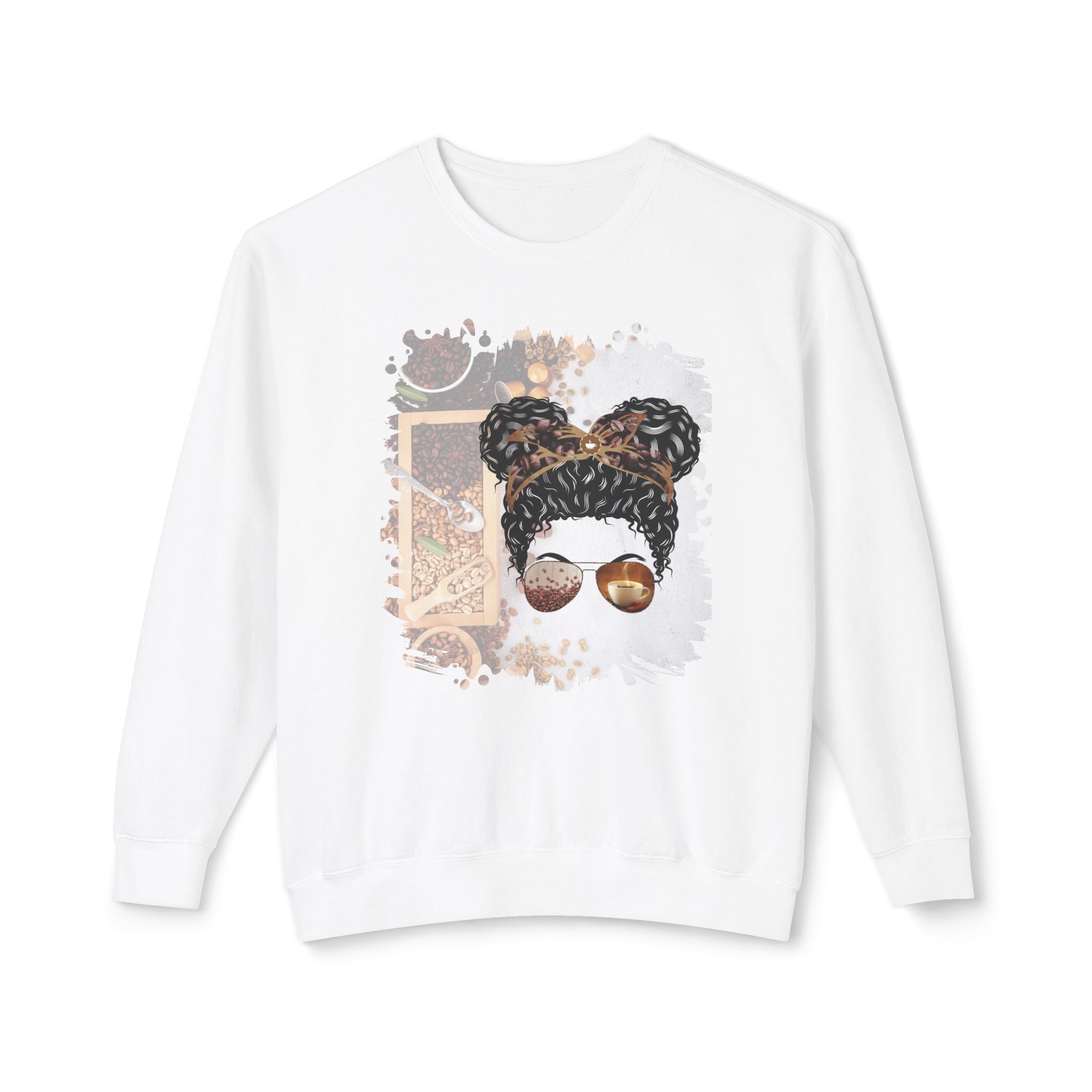 Coffee Beans Variety, Black Hair Messy Bun, Unisex Lightweight Crewneck Sweatshirt