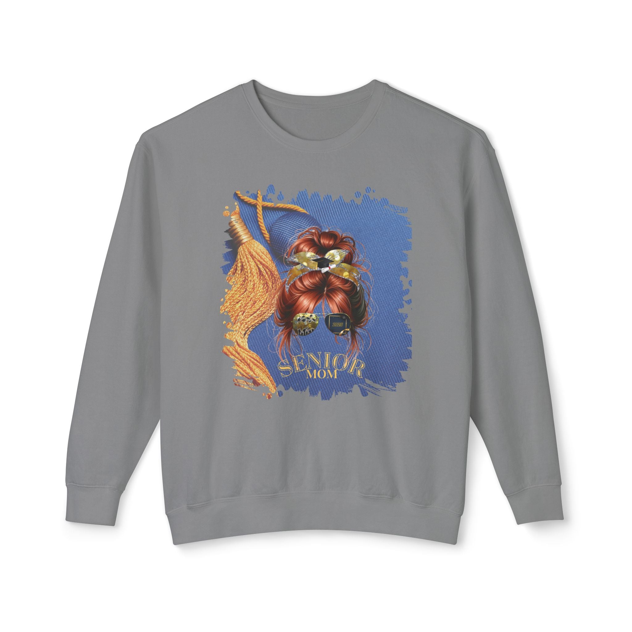 Senior Mom, Graduation Cap, Red Hair Messy Bun, Unisex Lightweight Crewneck Sweatshirt