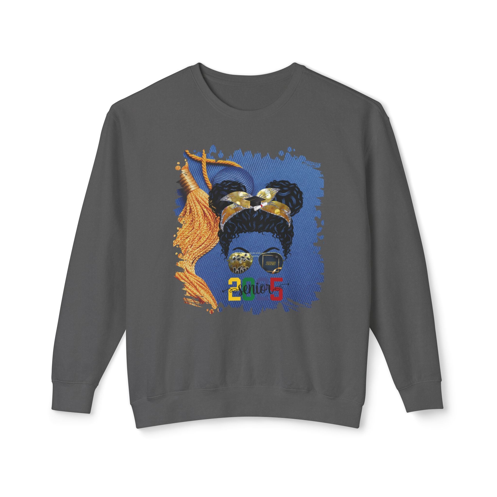 Senior 2025 Colorful, Graduation Cap, Black Hair Messy Bun, Unisex Lightweight Crewneck Sweatshirt