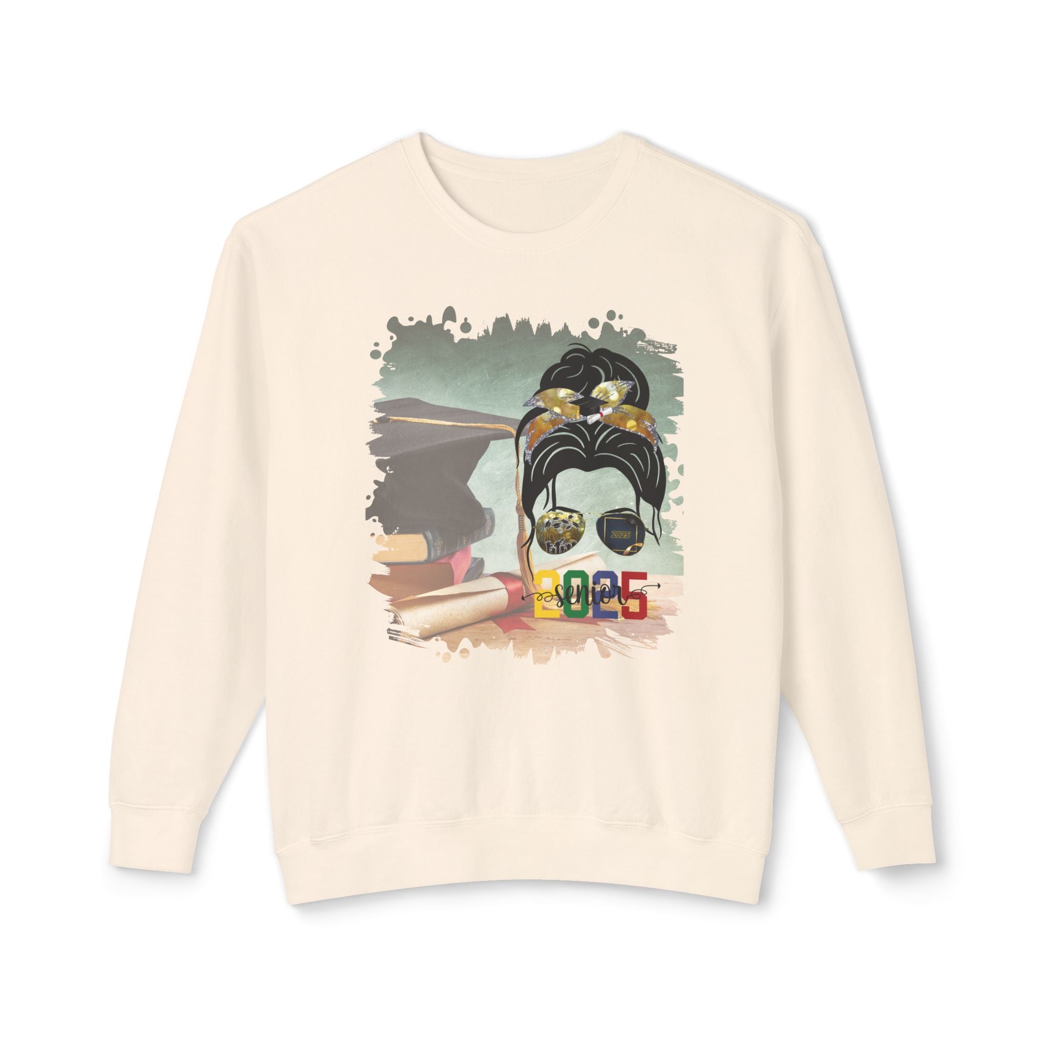 Senior 2025 Colorful, Cap & Degree/Diploma, Dark Hair Messy Bun, Unisex Lightweight Crewneck Sweatshirt