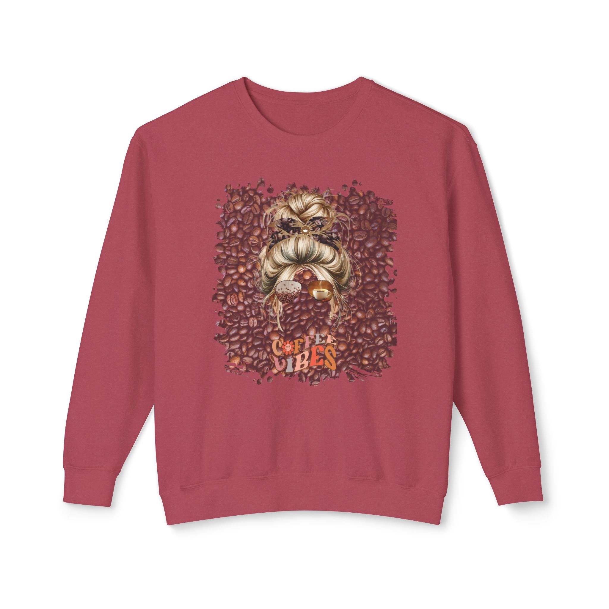 Coffee Vibes, Coffee Beans, Blond Hair Messy Bun, Unisex Lightweight Crewneck Sweatshirt