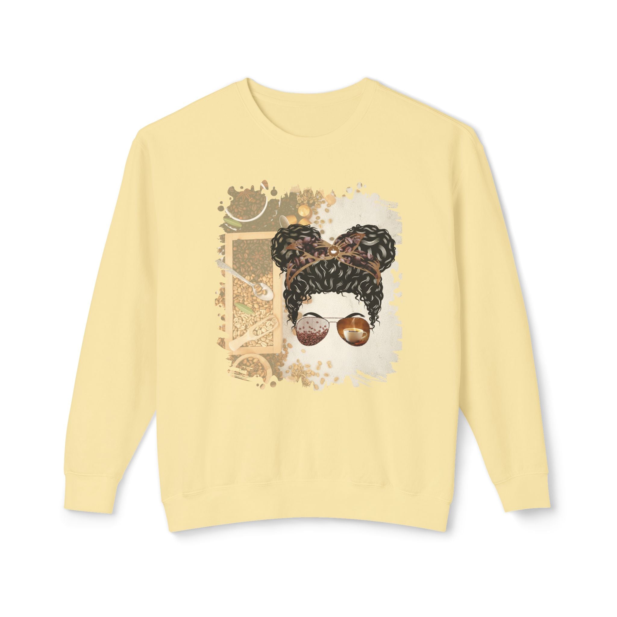 Coffee Beans Variety, Black Hair Messy Bun, Unisex Lightweight Crewneck Sweatshirt