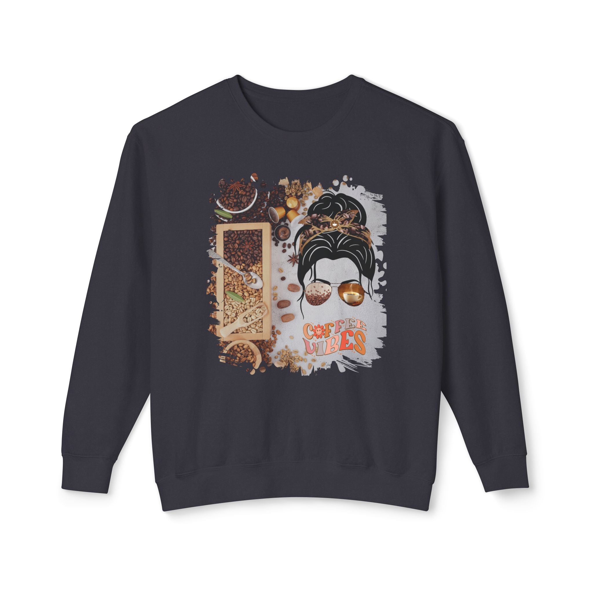 Coffee Vibes, Coffee Beans Variety, Dark Hair Messy Bun, Unisex Lightweight Crewneck Sweatshirt