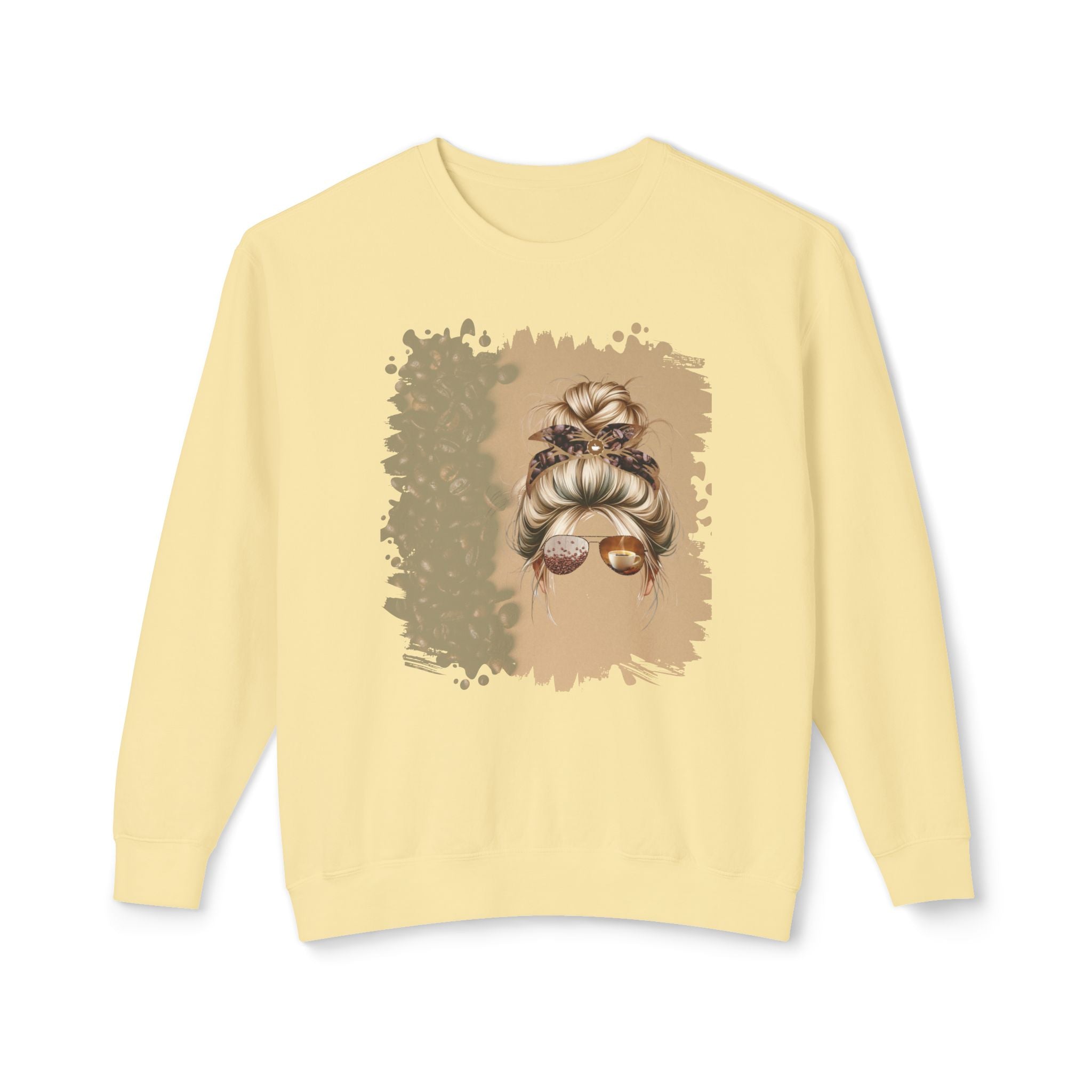 Coffee Beans Shade, Blond Hair Messy Bun, Unisex Lightweight Crewneck Sweatshirt