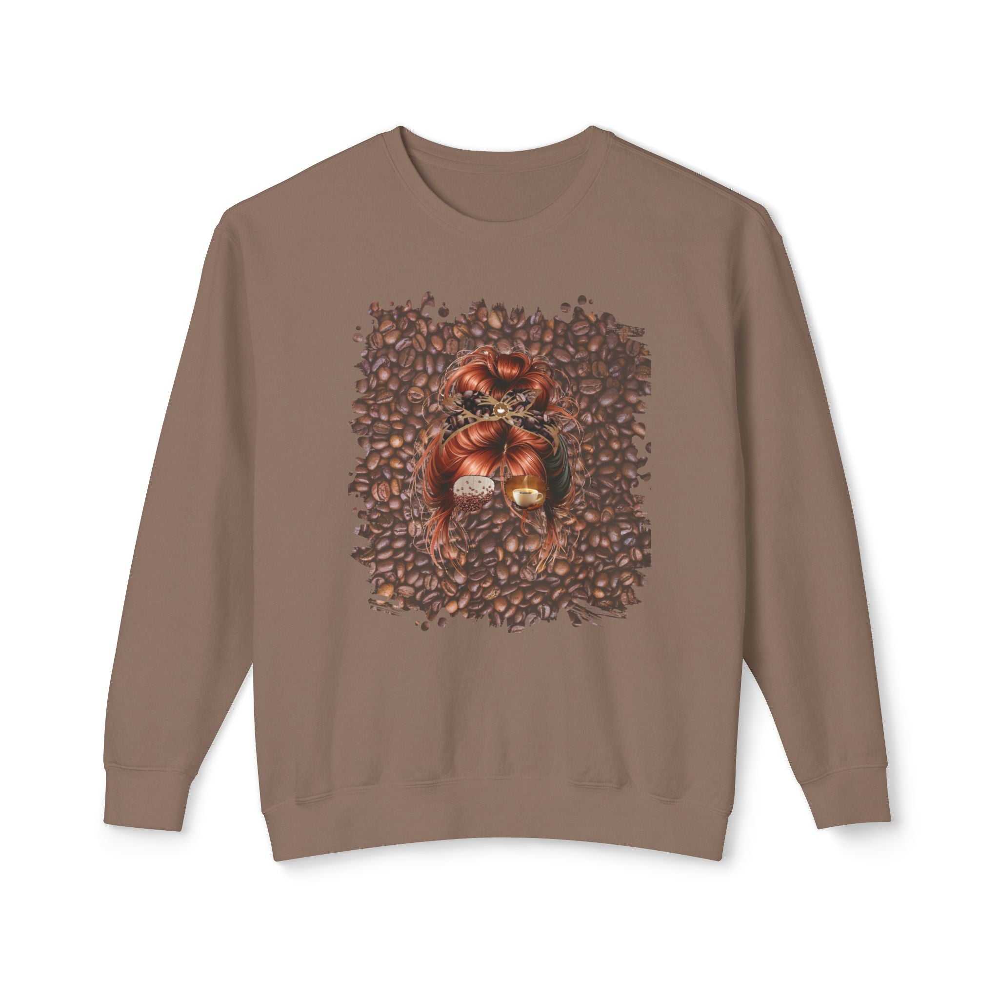 Coffee Beans, Red Hair Messy Bun, Unisex Lightweight Crewneck Sweatshirt