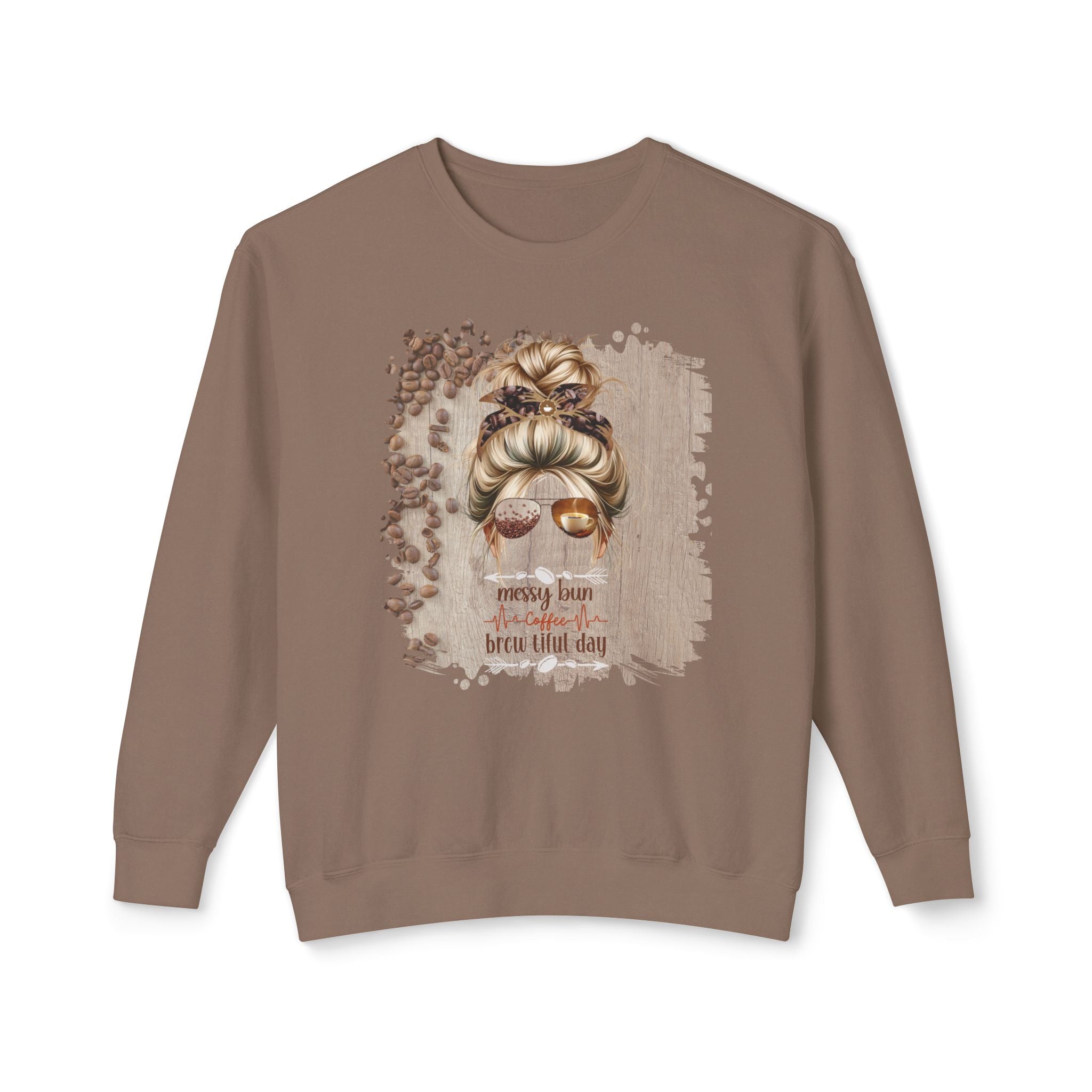 Coffee Heartbeat, Coffee Beans Table, Blond Hair Messy Bun, Unisex Lightweight Crewneck Sweatshirt