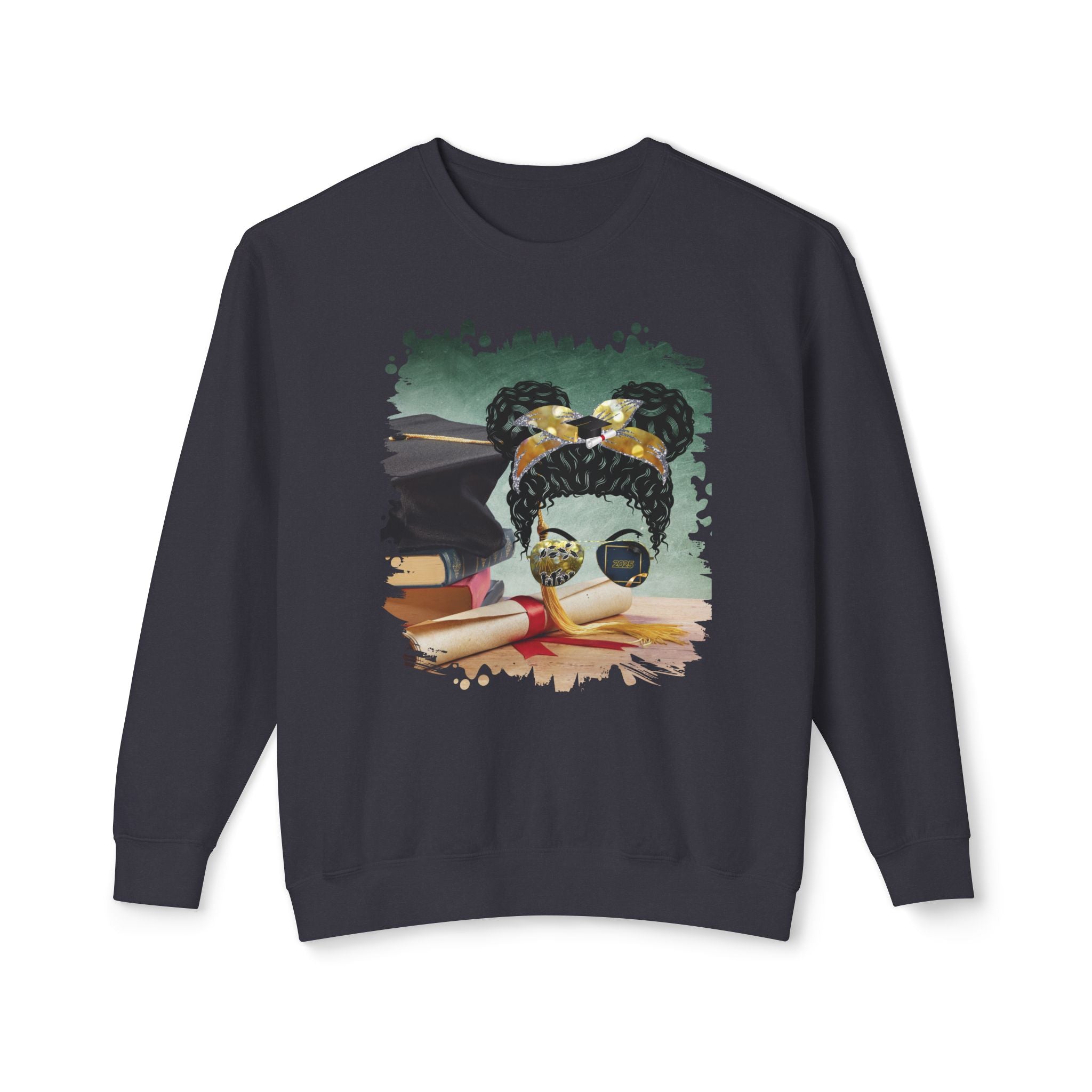 Cap & Degree/Diploma, Black Hair Messy Bun, Unisex Lightweight Crewneck Sweatshirt