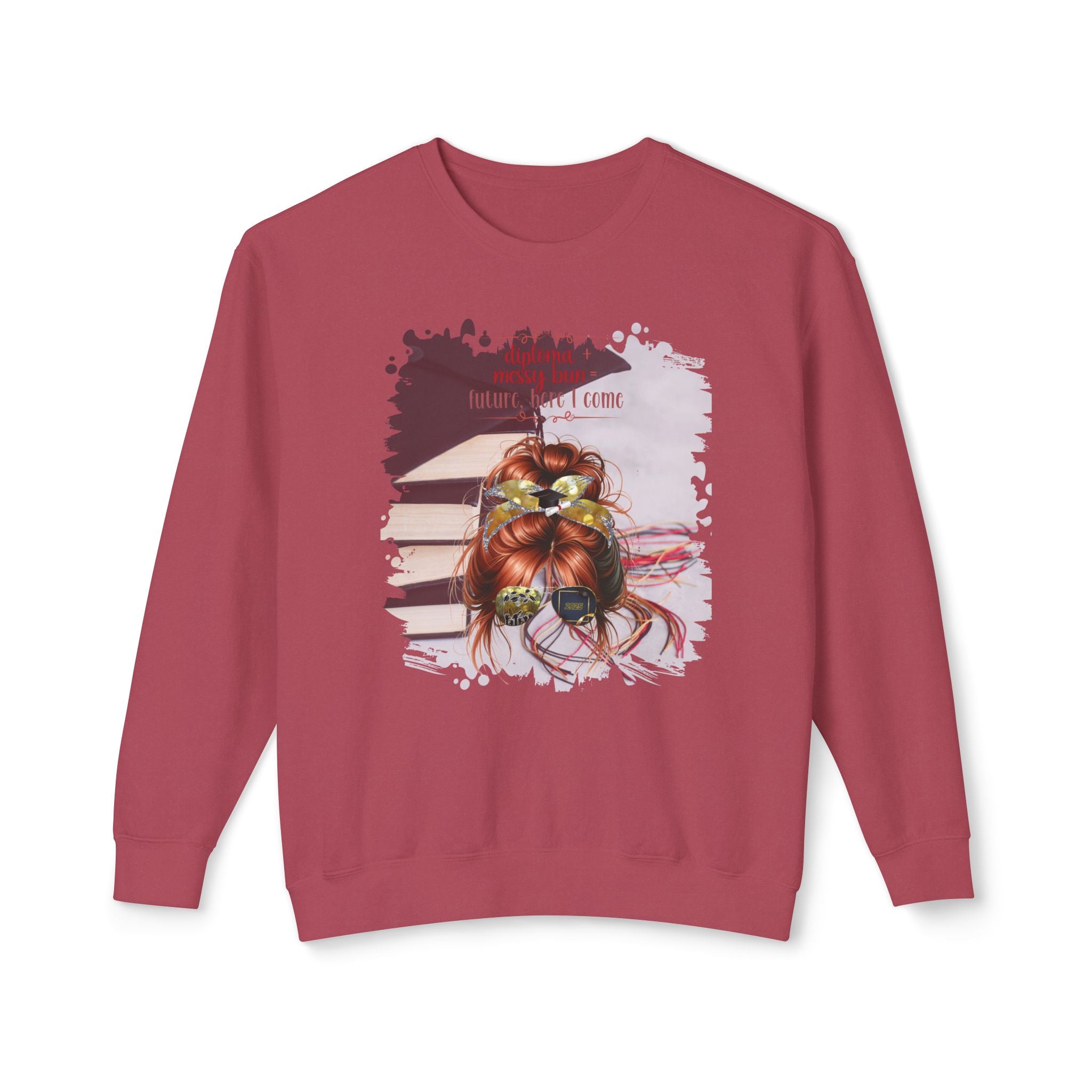 Diploma + Messy Bun, Cap & Books, Red Hair Messy Bun, Unisex Lightweight Crewneck Sweatshirt