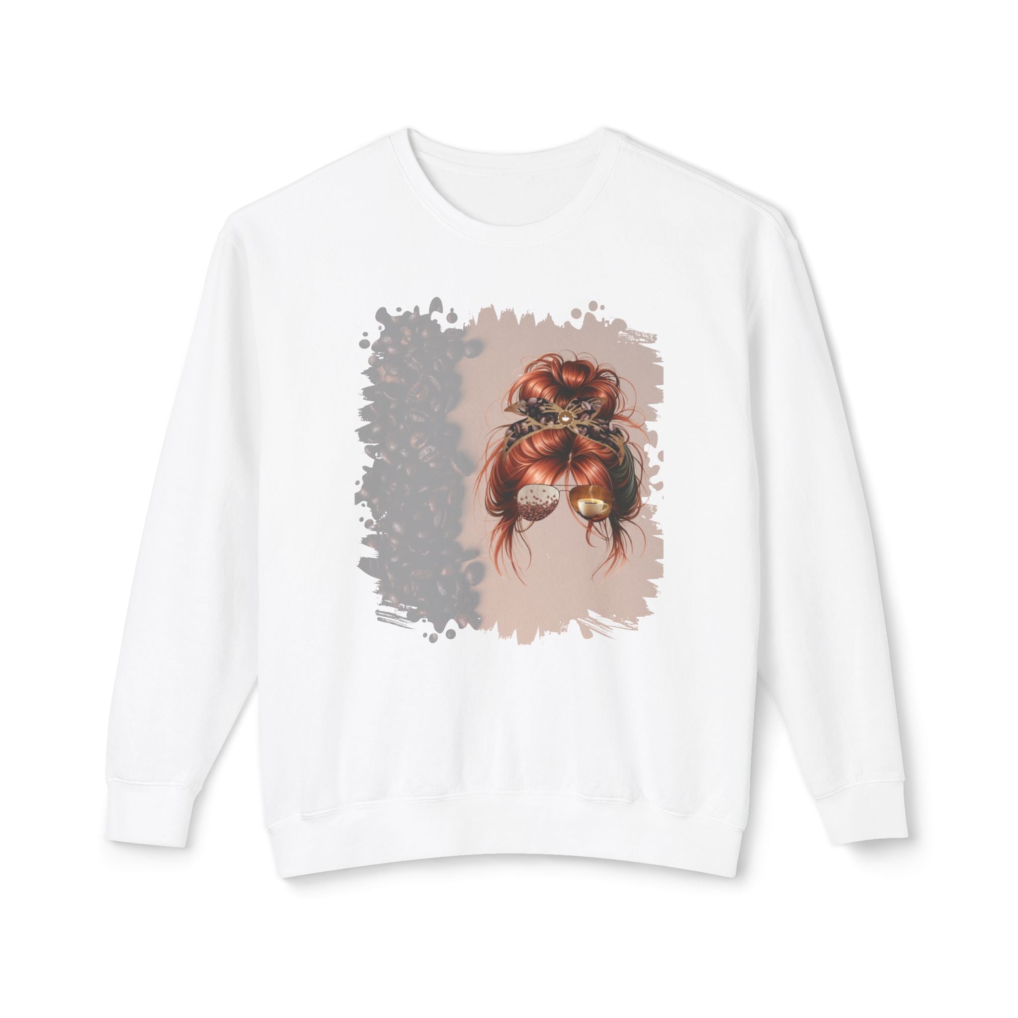 Coffee Beans Shade, Red Hair Messy Bun, Unisex Lightweight Crewneck Sweatshirt