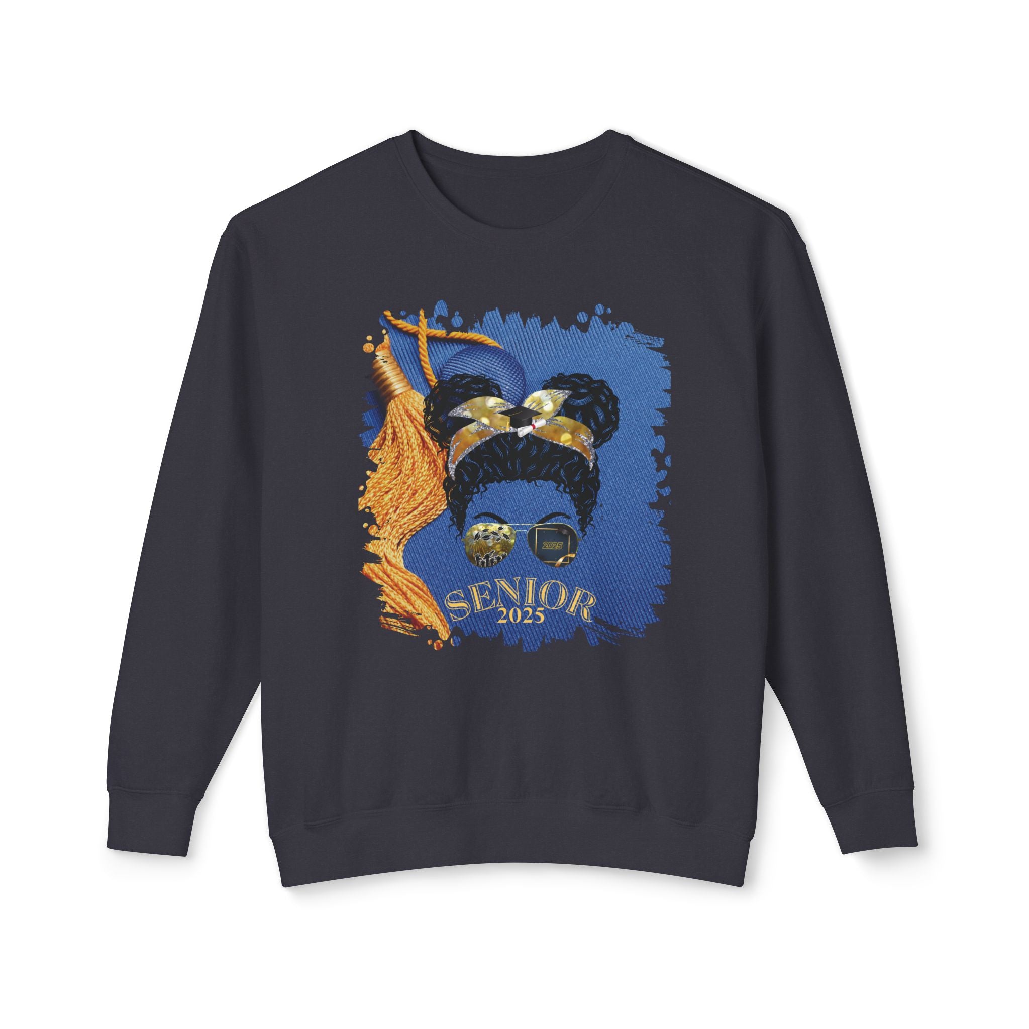 Senior 2025, Graduation Cap, Black Hair Messy Bun, Unisex Lightweight Crewneck Sweatshirt