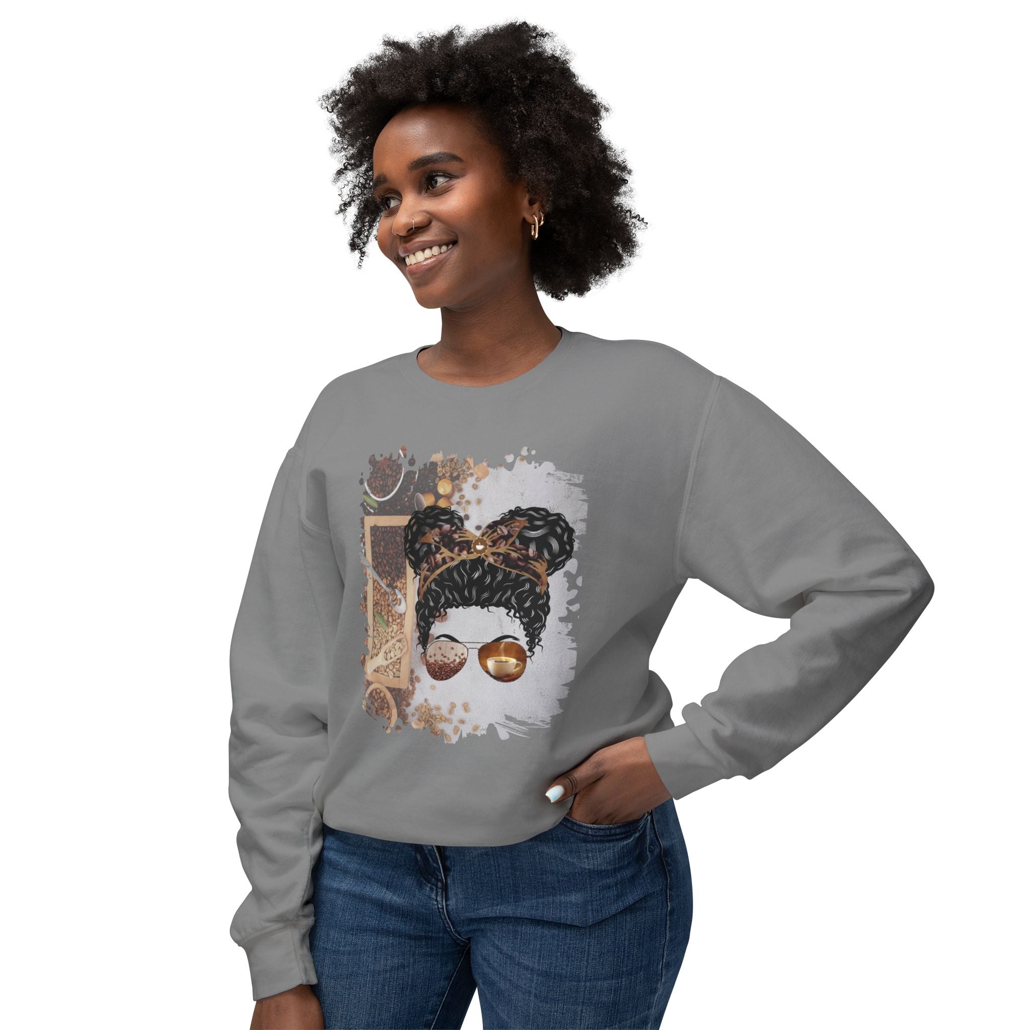Coffee Beans Variety, Black Hair Messy Bun, Unisex Lightweight Crewneck Sweatshirt