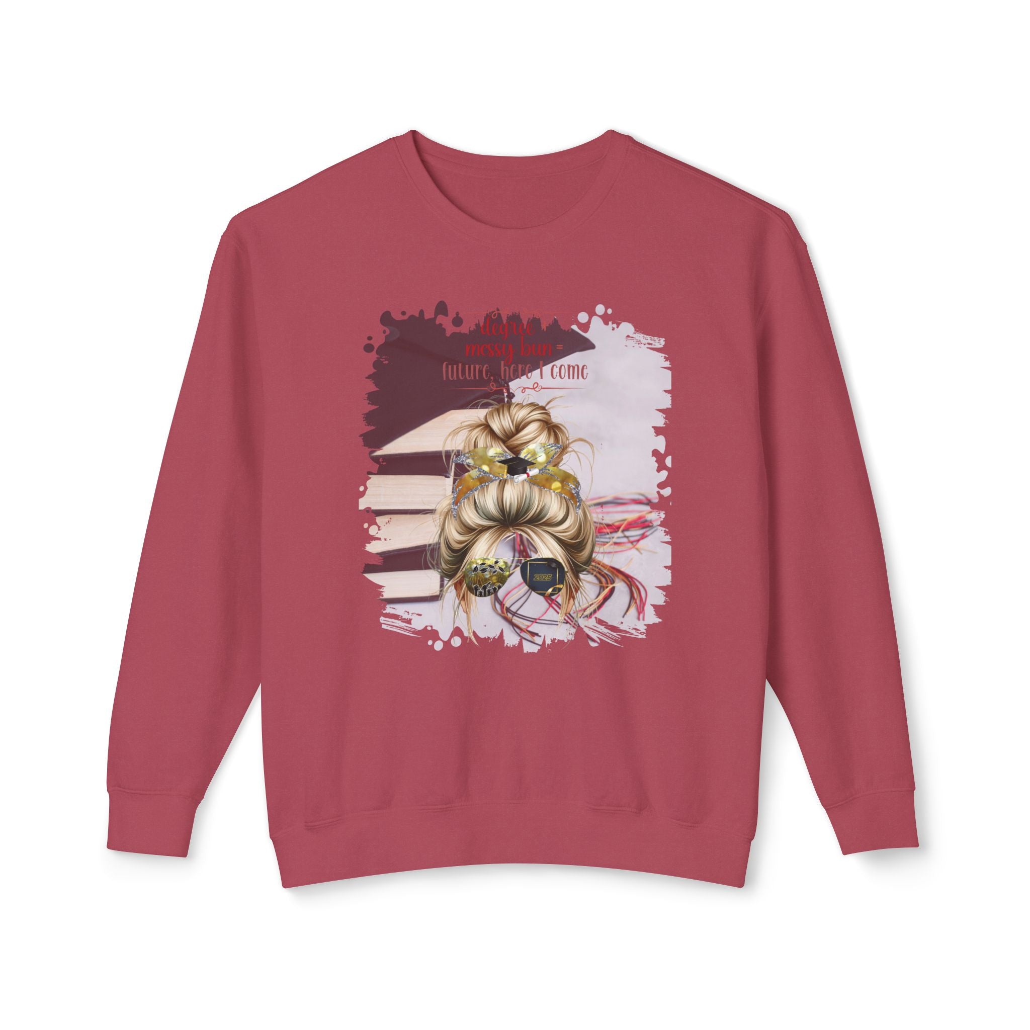 Degree + Messy Bun, Cap & Books, Blond Hair Messy Bun, Unisex Lightweight Crewneck Sweatshirt