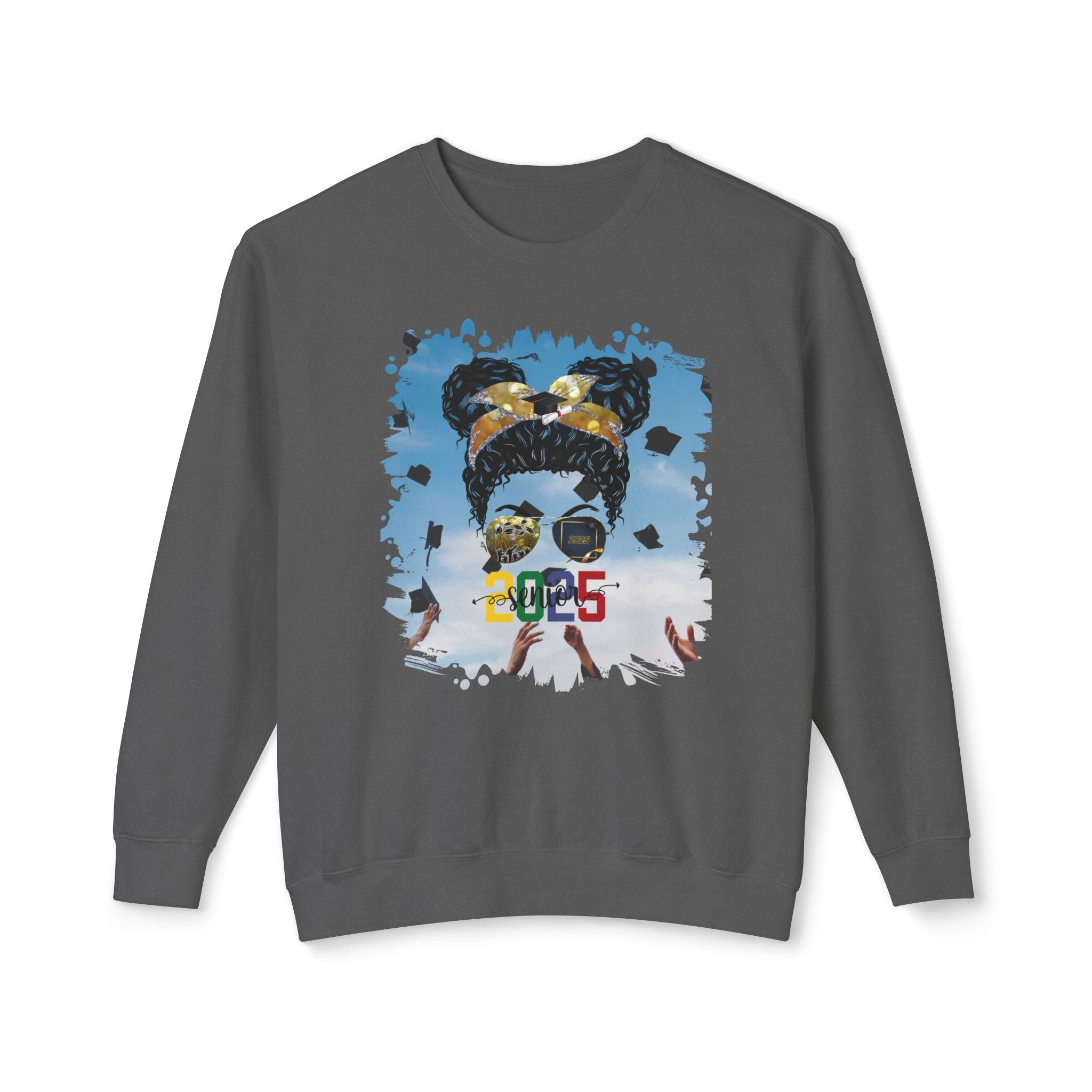 Senior 2025 Colorful, Celebration, Black Hair Messy Bun, Unisex Lightweight Crewneck Sweatshirt