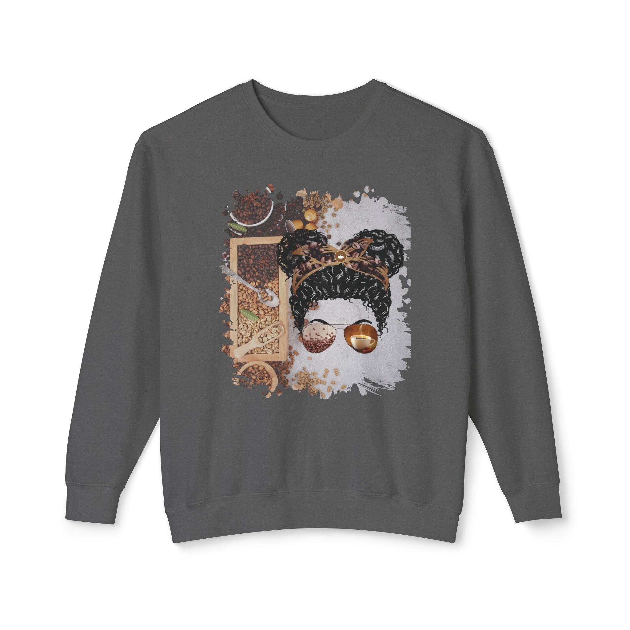 Coffee Beans Variety, Black Hair Messy Bun, Unisex Lightweight Crewneck Sweatshirt
