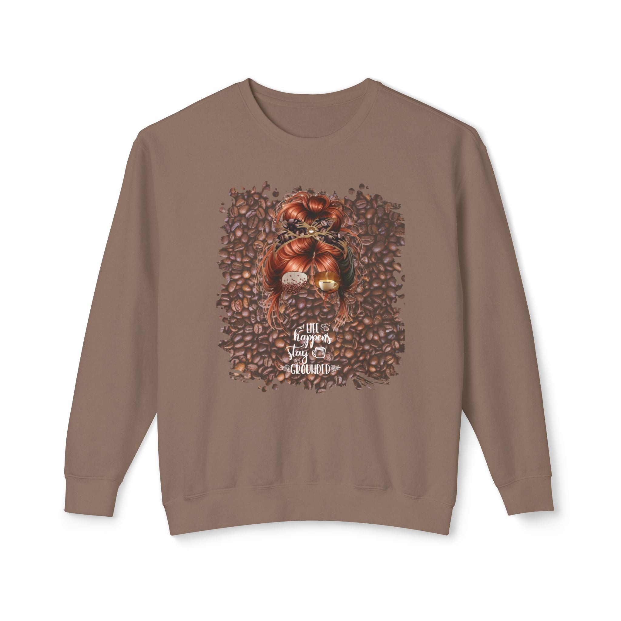 Stay Grounded, Coffee Beans, Red Hair Messy Bun, Unisex Lightweight Crewneck Sweatshirt