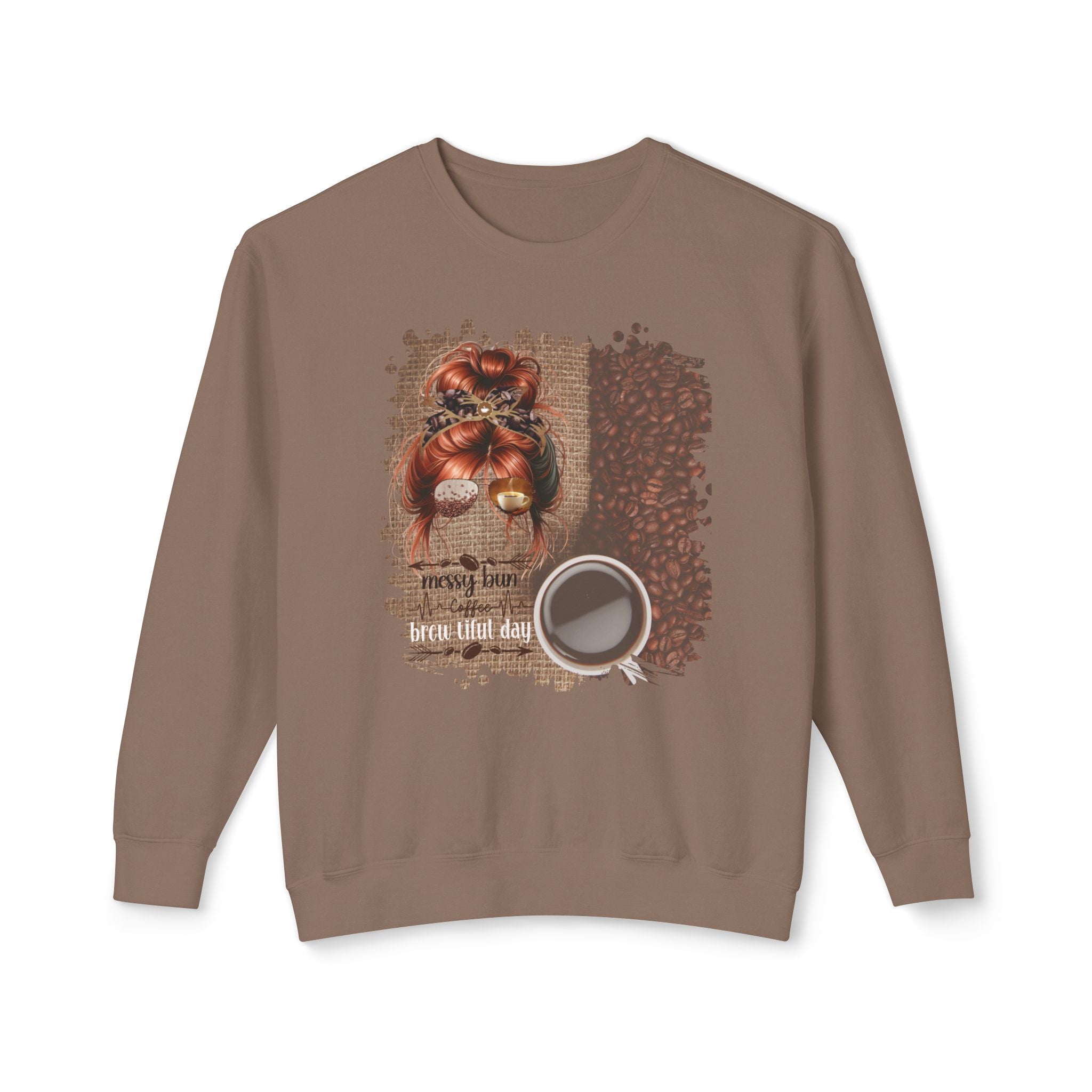 Coffee Heartbeat, Coffee Beans Bag, Red Hair Messy Bun, Unisex Lightweight Crewneck Sweatshirt
