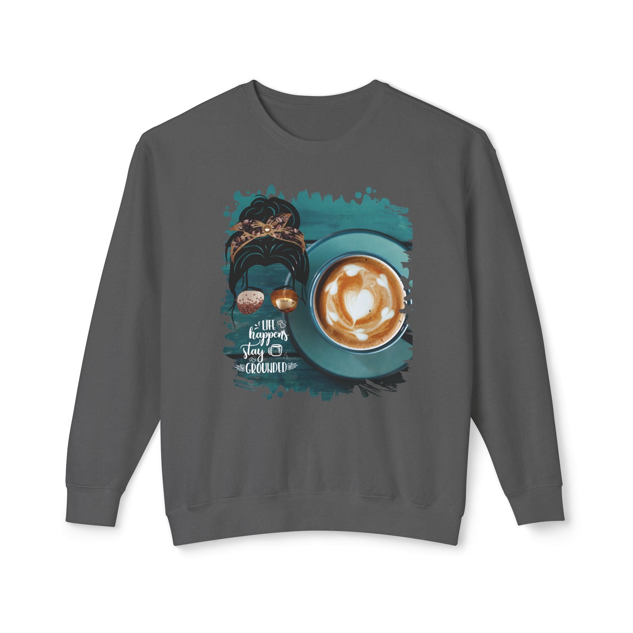 Stay Grounded, Coffee Cup, Dark Hair Messy Bun, Unisex Lightweight Crewneck Sweatshirt