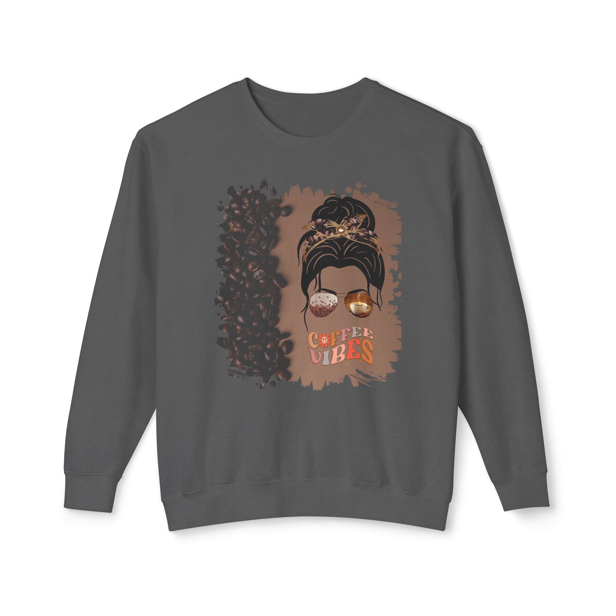 Coffee Vibes, Coffee Beans Shade, Dark Hair Messy Bun, Unisex Lightweight Crewneck Sweatshirt