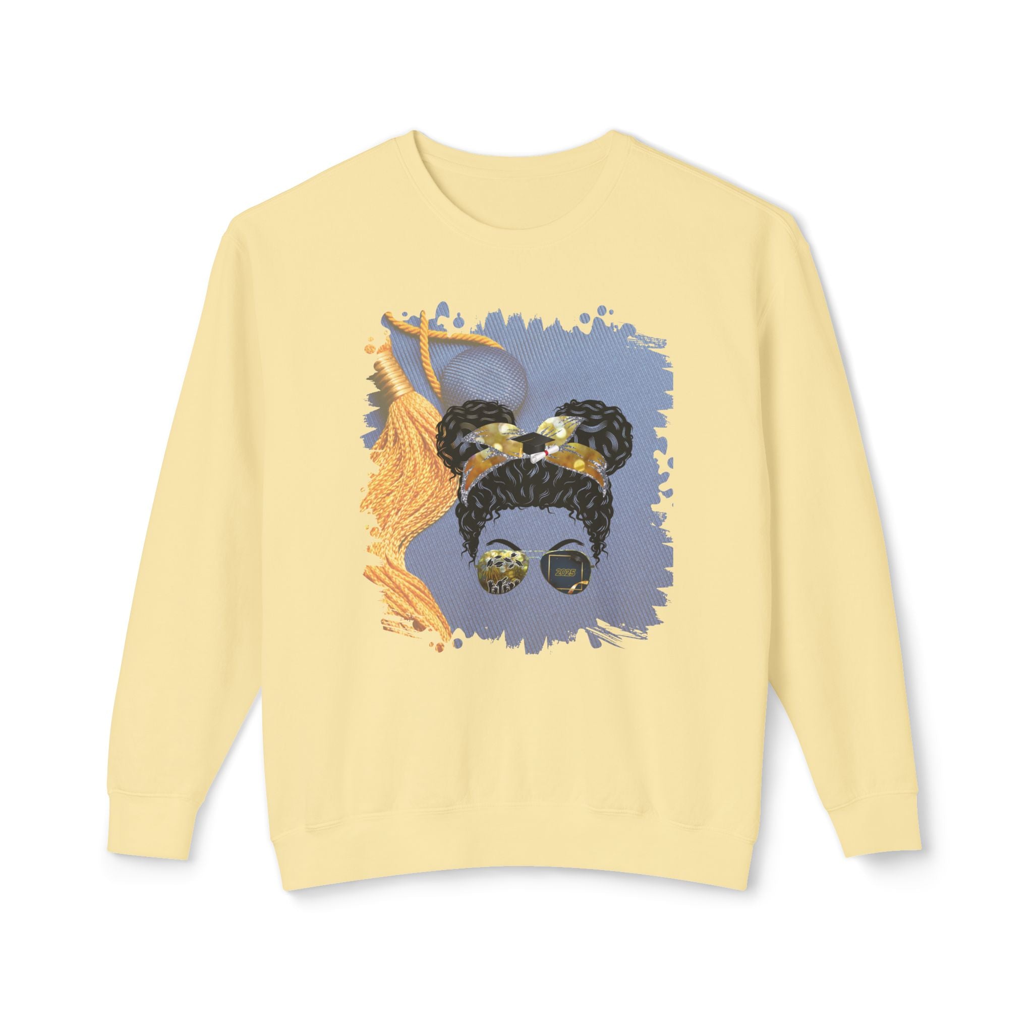 Graduation Cap, Black Hair Messy Bun, Unisex Lightweight Crewneck Sweatshirt