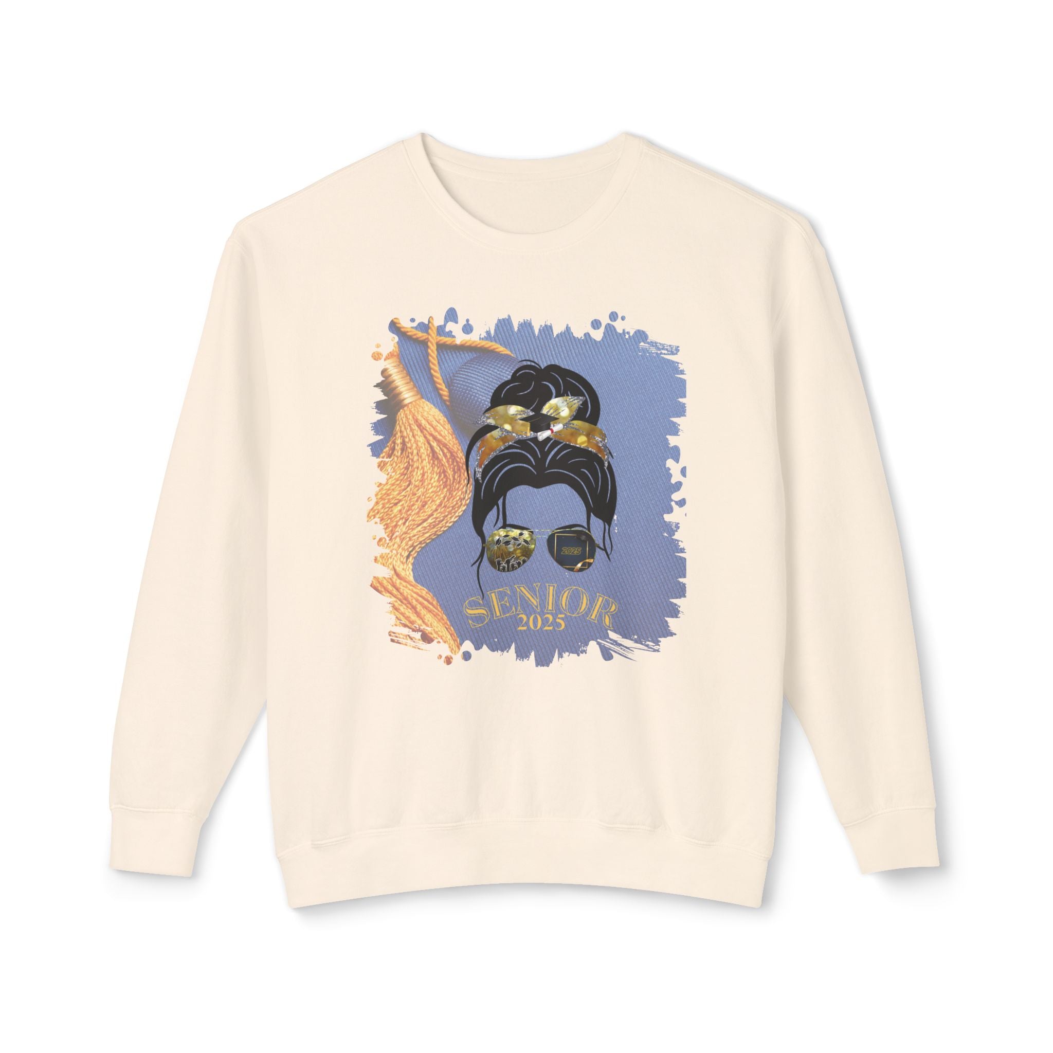 Senior 2025, Graduation Cap, Dark Hair Messy Bun, Unisex Lightweight Crewneck Sweatshirt