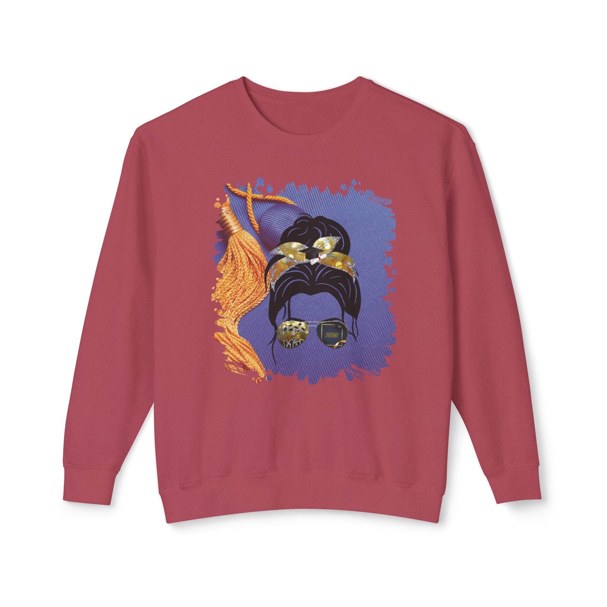 Graduation Cap, Dark Hair Messy Bun, Unisex Lightweight Crewneck Sweatshirt