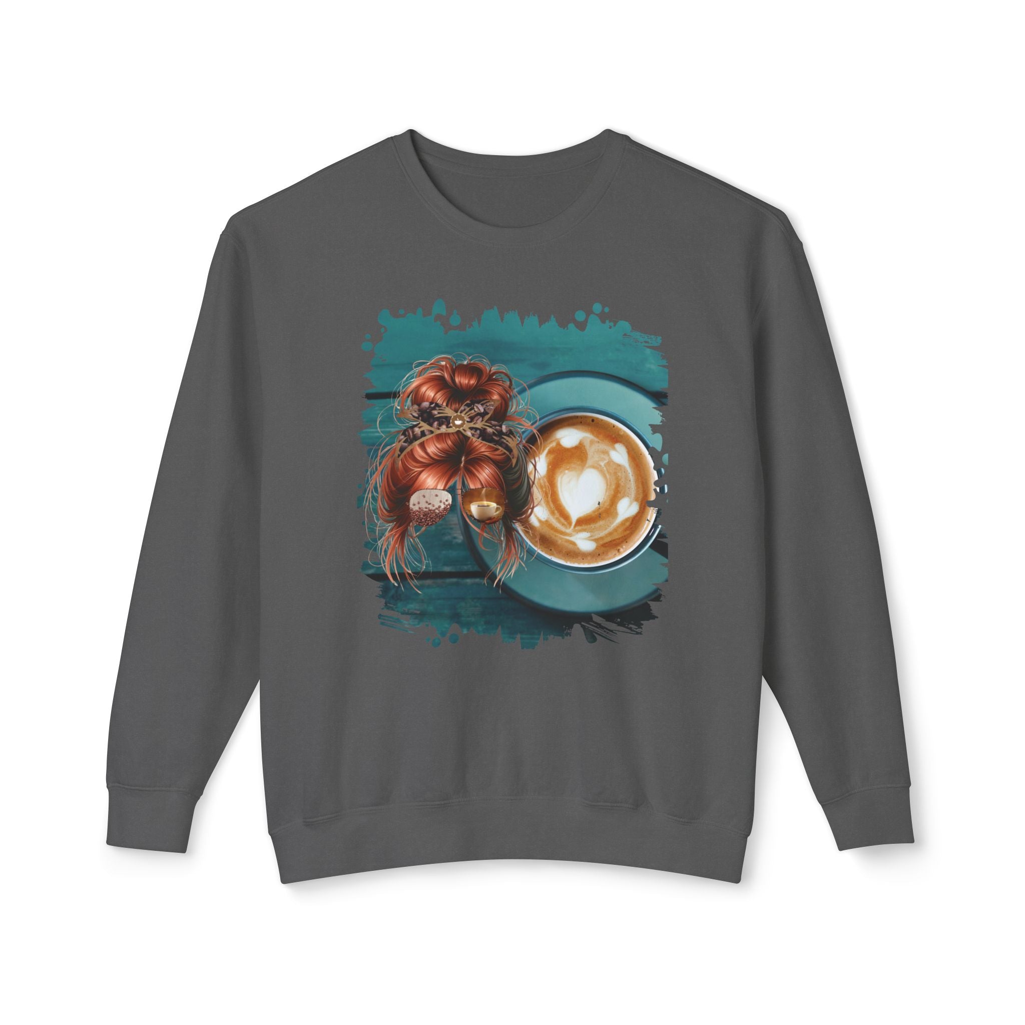 Coffee Cup, Red Hair Messy Bun, Unisex Lightweight Crewneck Sweatshirt