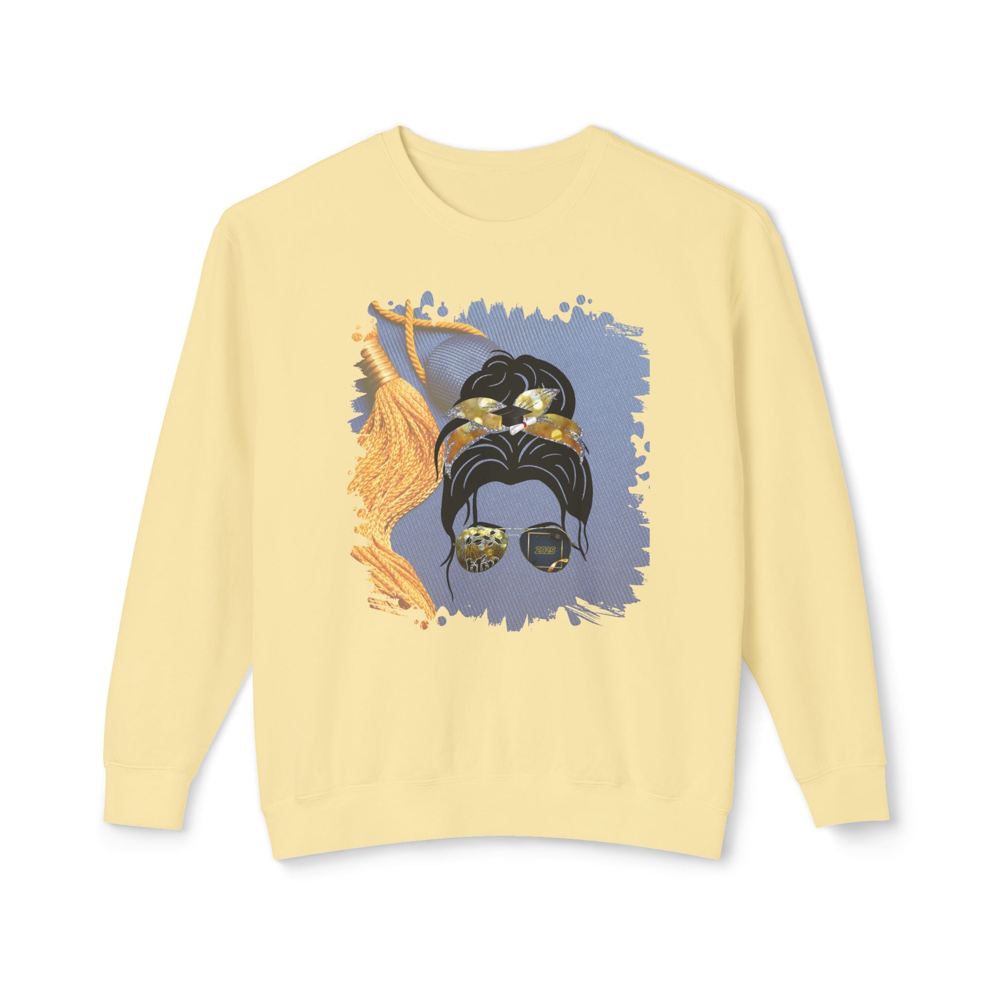 Graduation Cap, Dark Hair Messy Bun, Unisex Lightweight Crewneck Sweatshirt