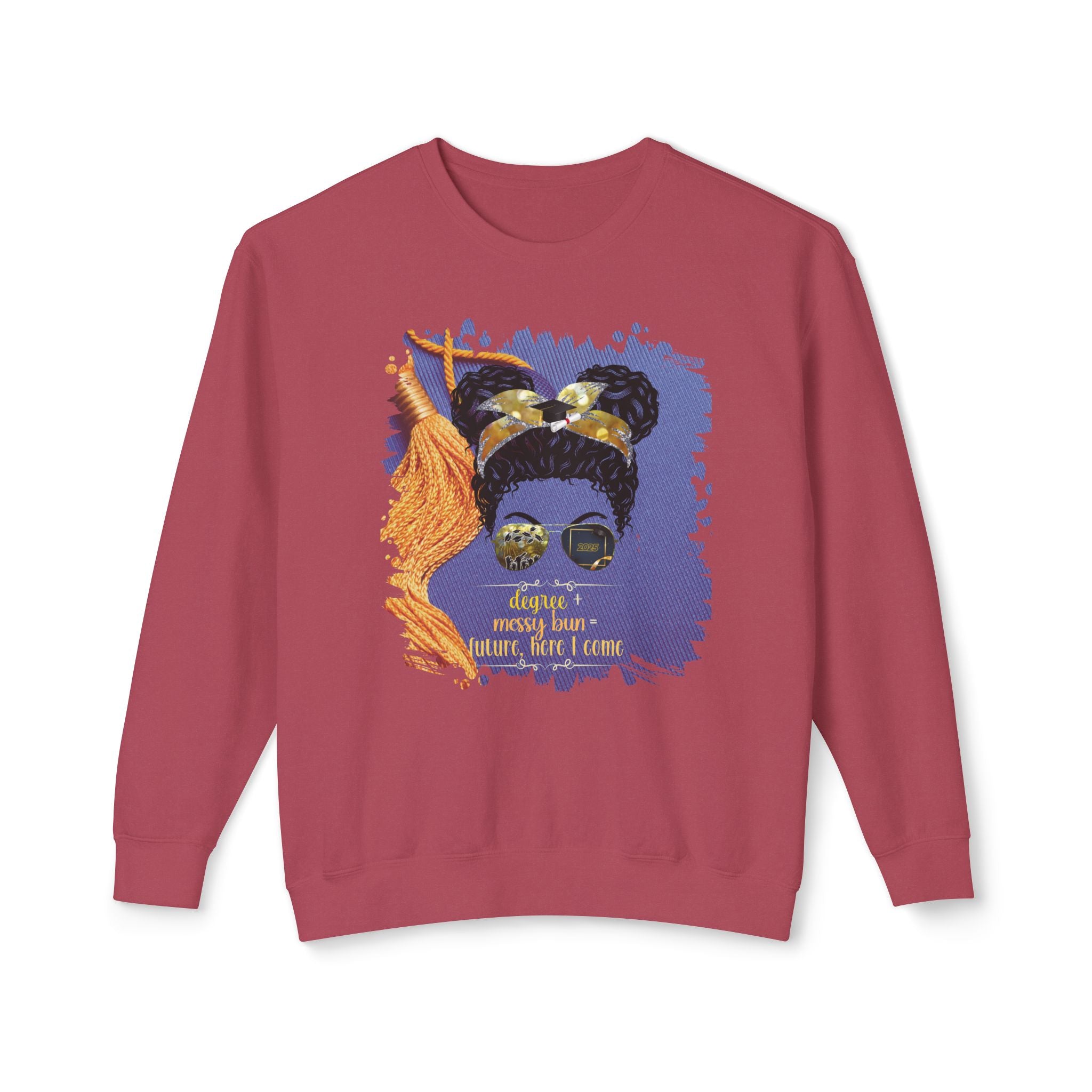 Degree + Messy Bun, Graduation Cap, Black Hair Messy Bun, Unisex Lightweight Crewneck Sweatshirt