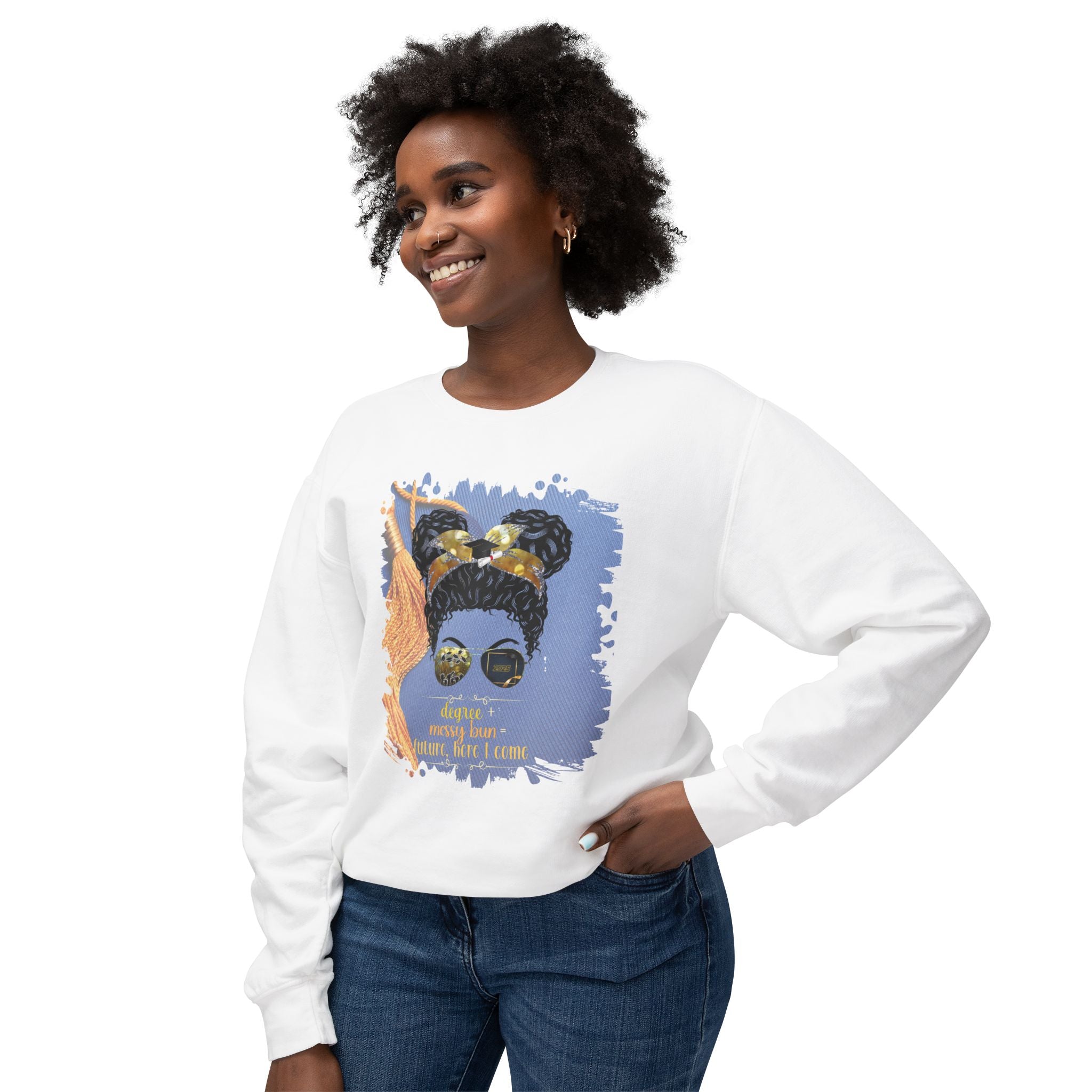 Degree + Messy Bun, Graduation Cap, Black Hair Messy Bun, Unisex Lightweight Crewneck Sweatshirt
