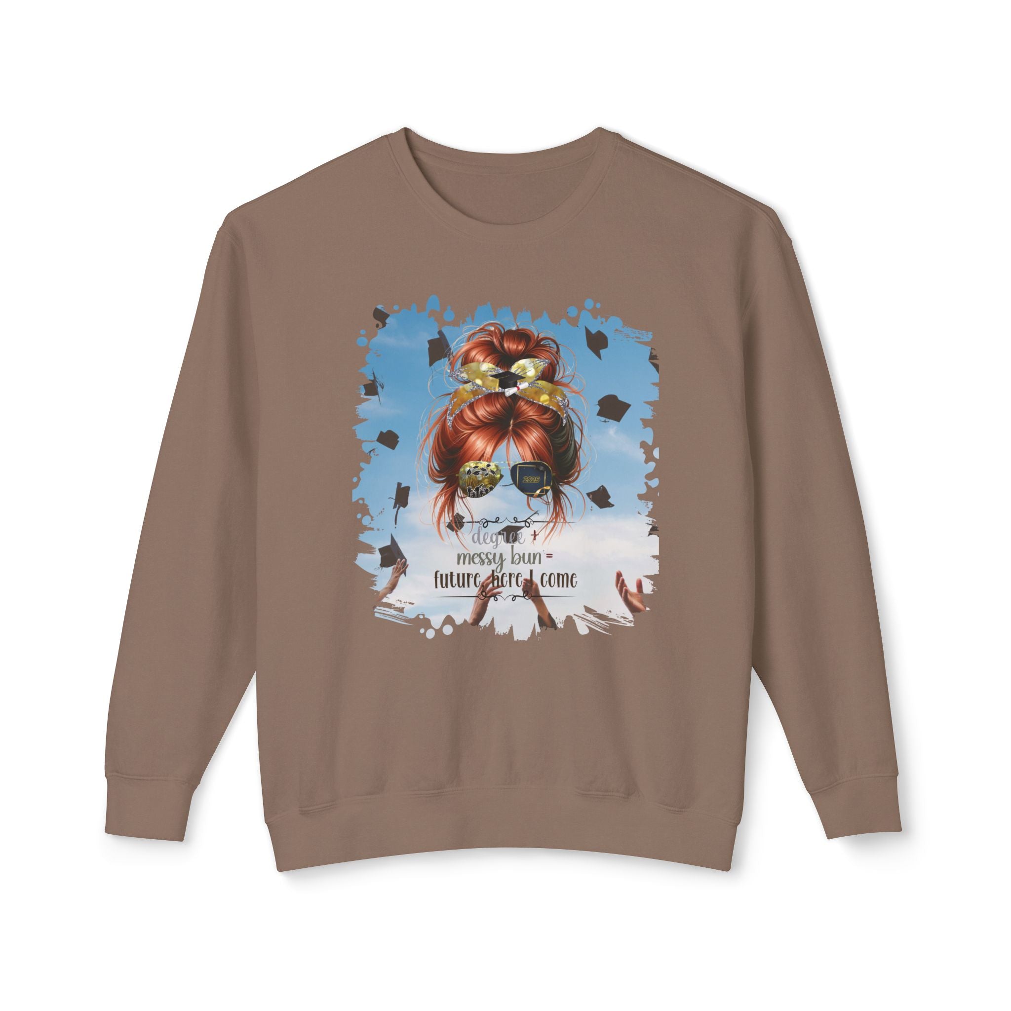 Degree + Messy Bun, Celebration, Red Hair Messy Bun, Unisex Lightweight Crewneck Sweatshirt