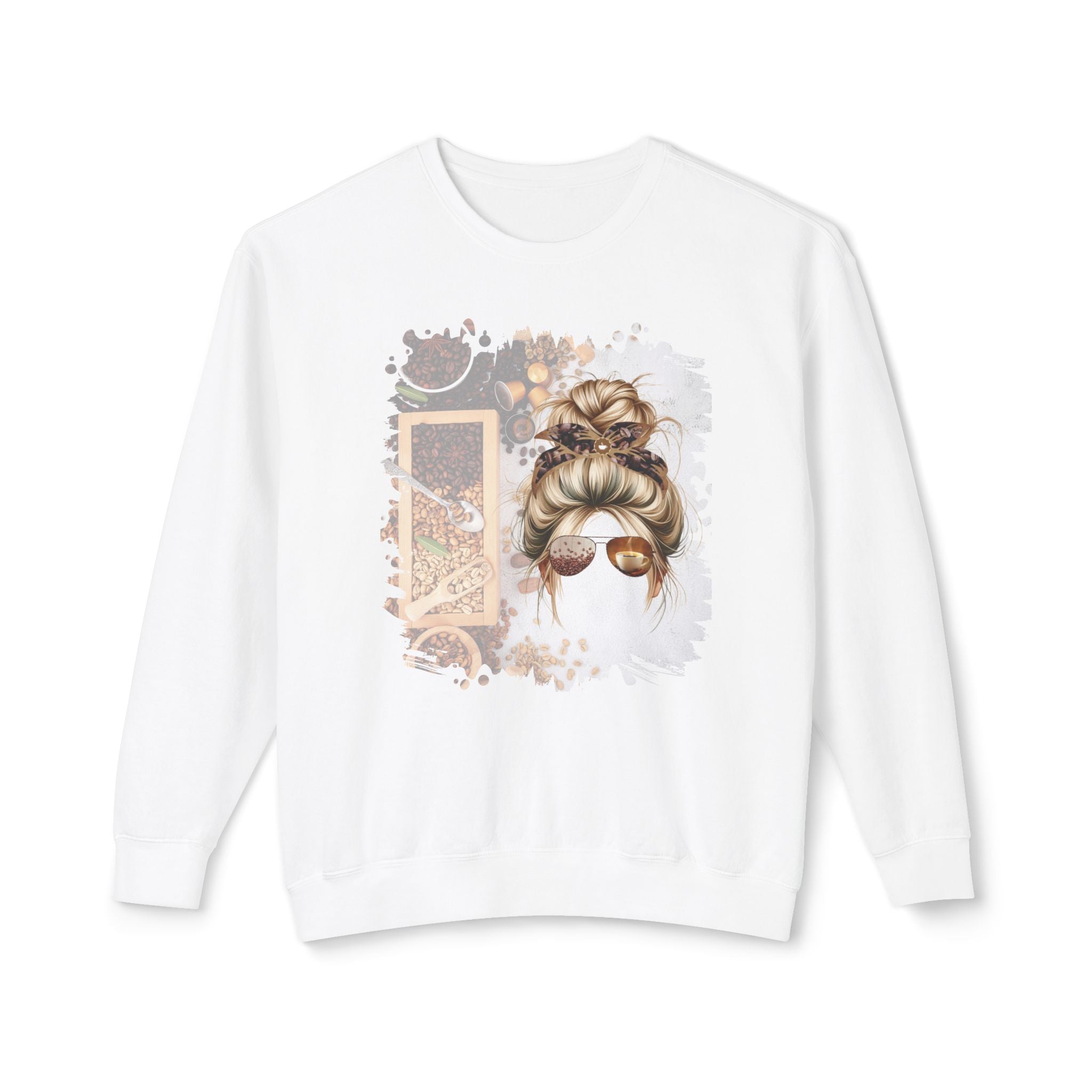 Coffee Beans Variety, Blond Hair Messy Bun, Unisex Lightweight Crewneck Sweatshirt