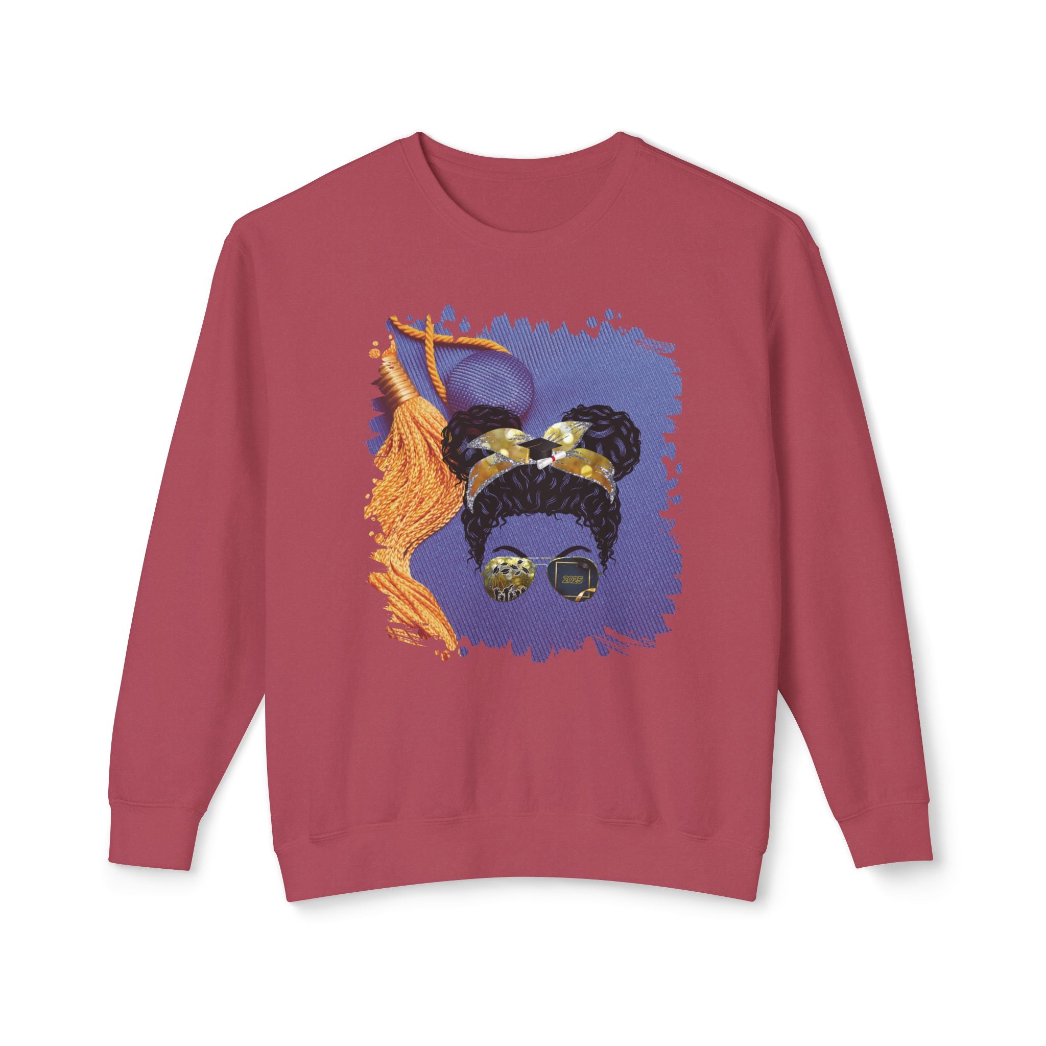 Graduation Cap, Black Hair Messy Bun, Unisex Lightweight Crewneck Sweatshirt