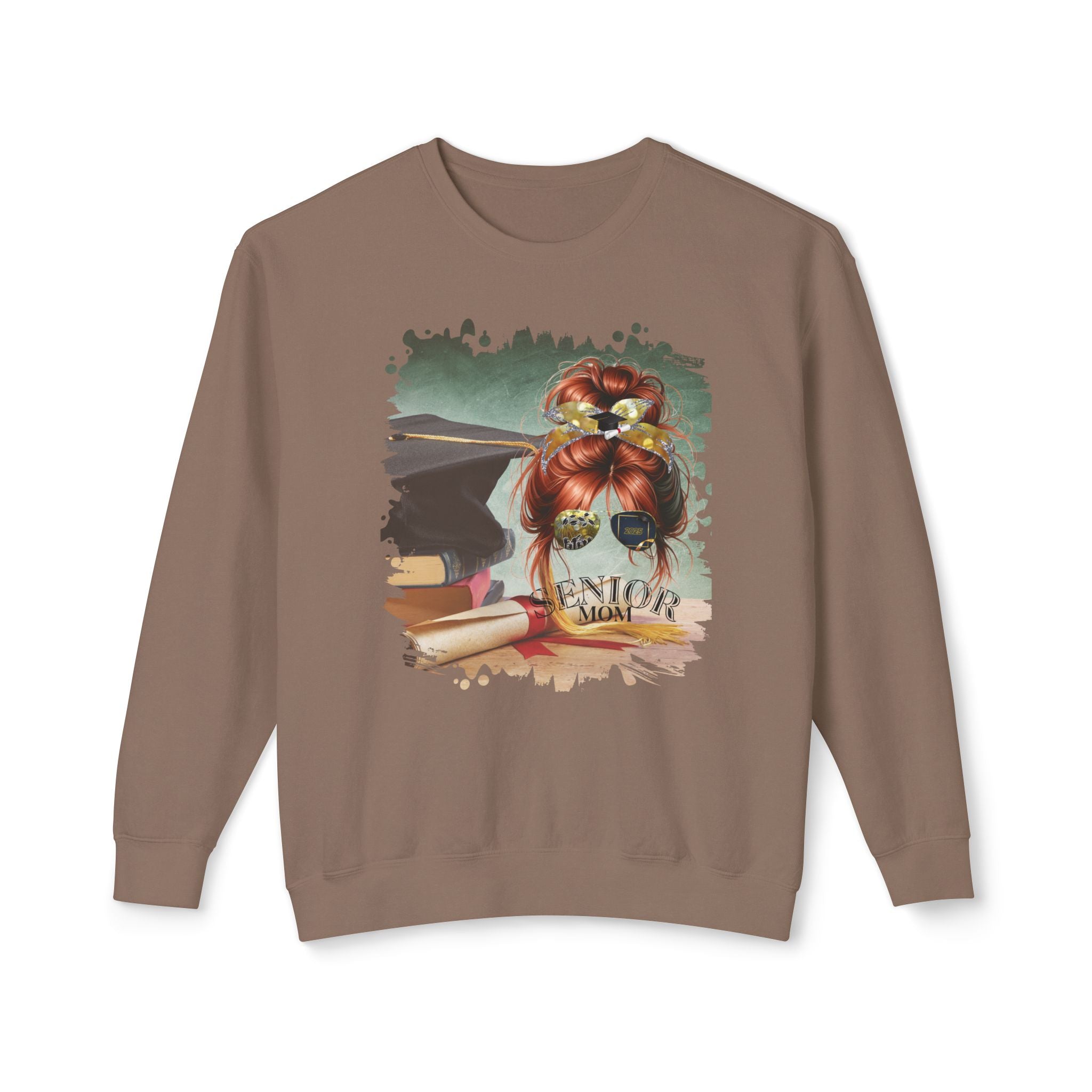 Senior Mom, Cap & Degree/Diploma, Red Hair Messy Bun, Unisex Lightweight Crewneck Sweatshirt