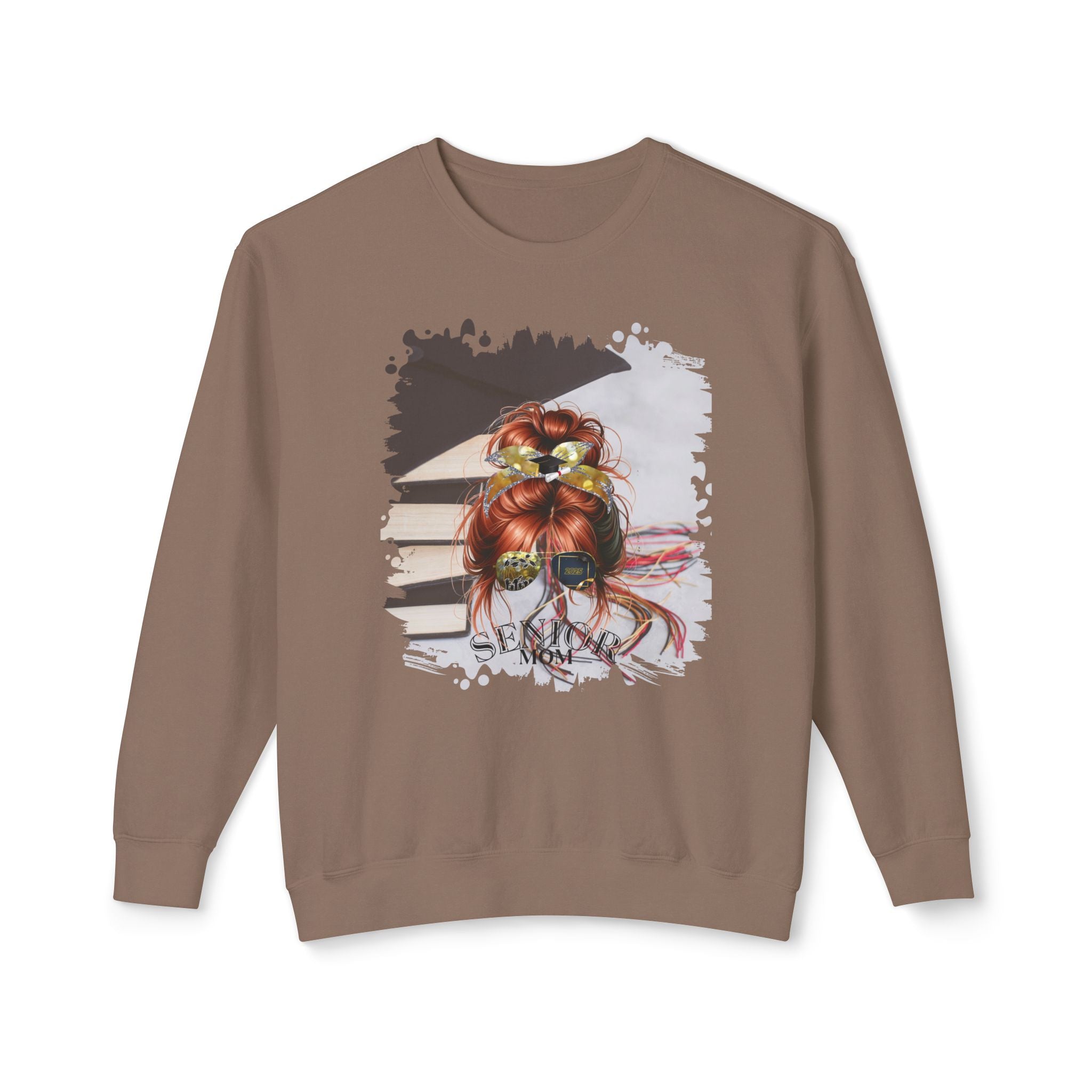 Senior Mom, Cap & Books, Red Hair Messy Bun, Unisex Lightweight Crewneck Sweatshirt