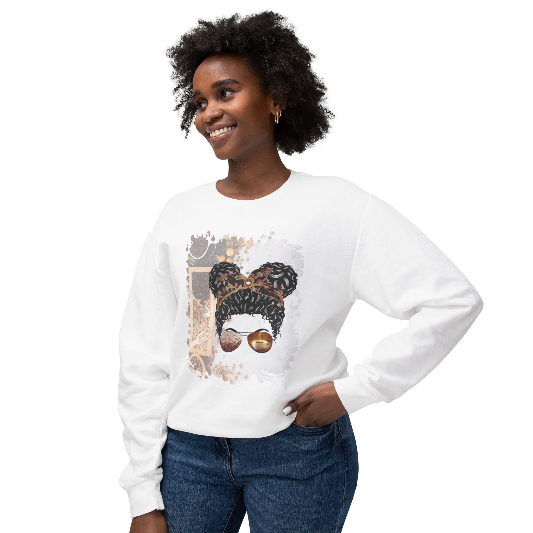 Coffee Beans Variety, Black Hair Messy Bun, Unisex Lightweight Crewneck Sweatshirt