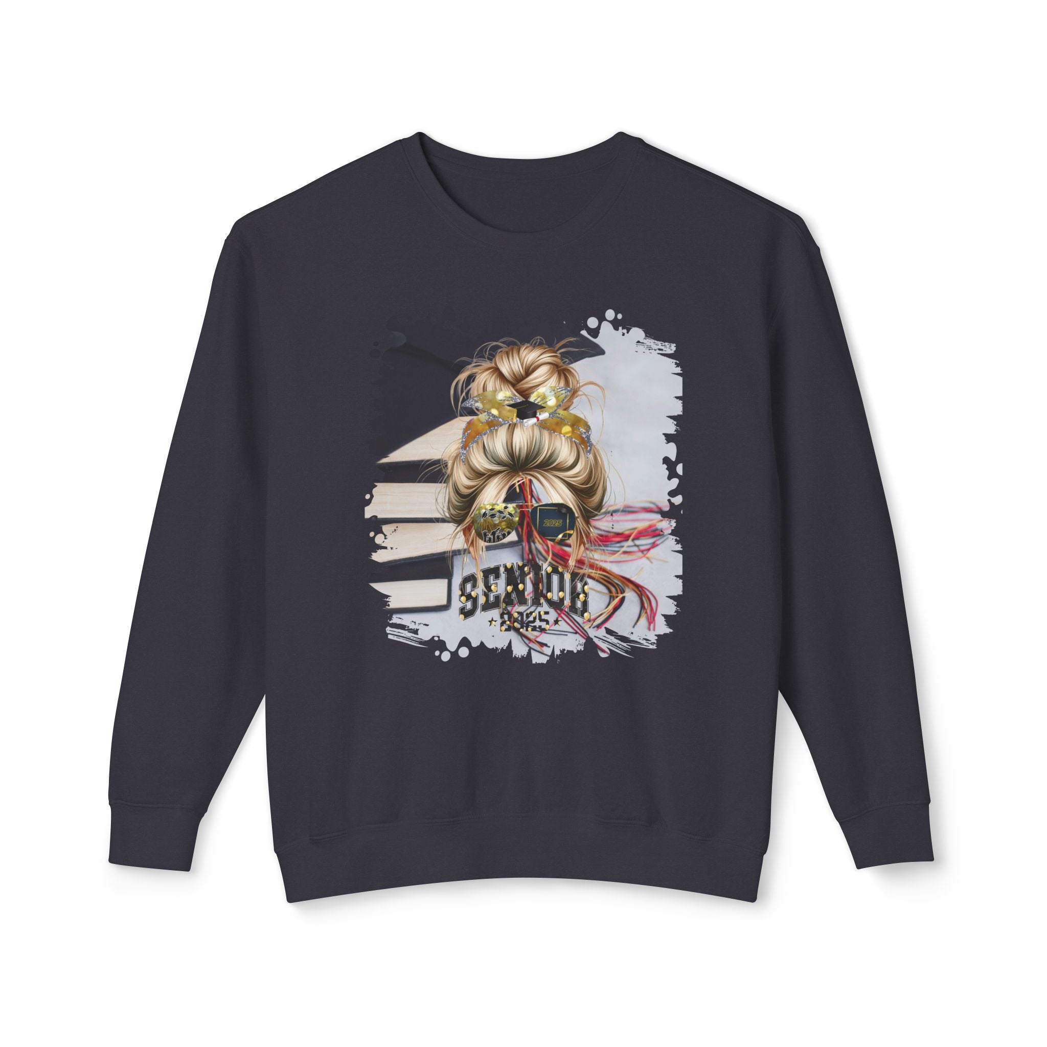 Senior 2025 Balloons, Cap & Books, Blond Hair Messy Bun, Unisex Lightweight Crewneck Sweatshirt