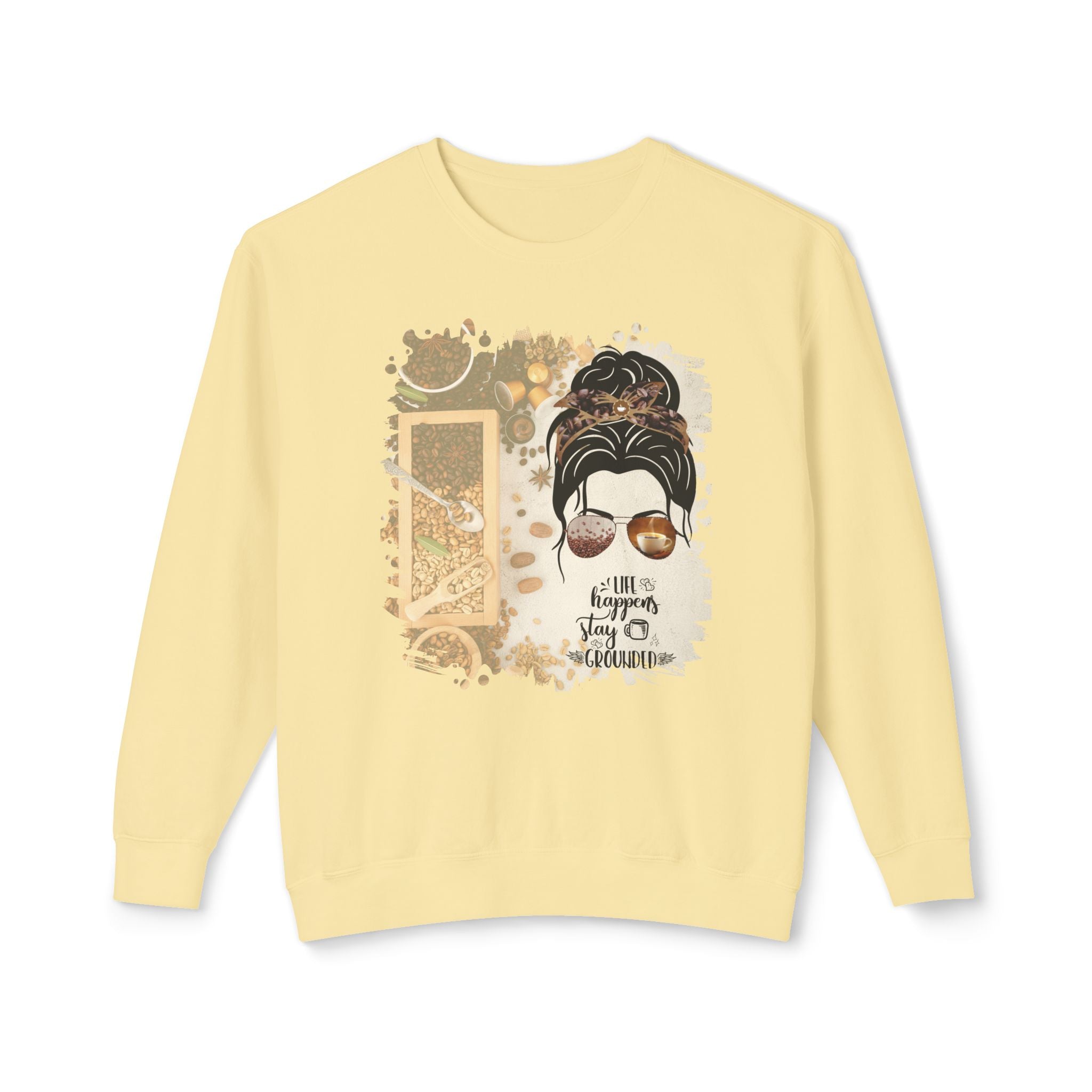 Stay Grounded, Coffee Beans Variety, Dark Hair Messy Bun, Unisex Lightweight Crewneck Sweatshirt